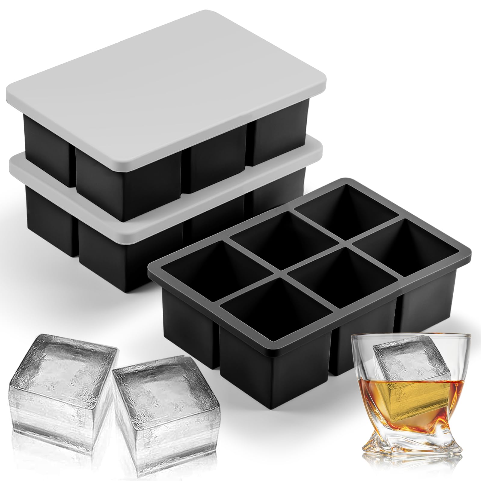 3-Pack Large Silicone Ice Cube Tray with Lids - Big Square Whiskey Ice Molds for Cocktails & Old Fashioned Drinks | Perfect for Home Bars, Parties & Entertaining