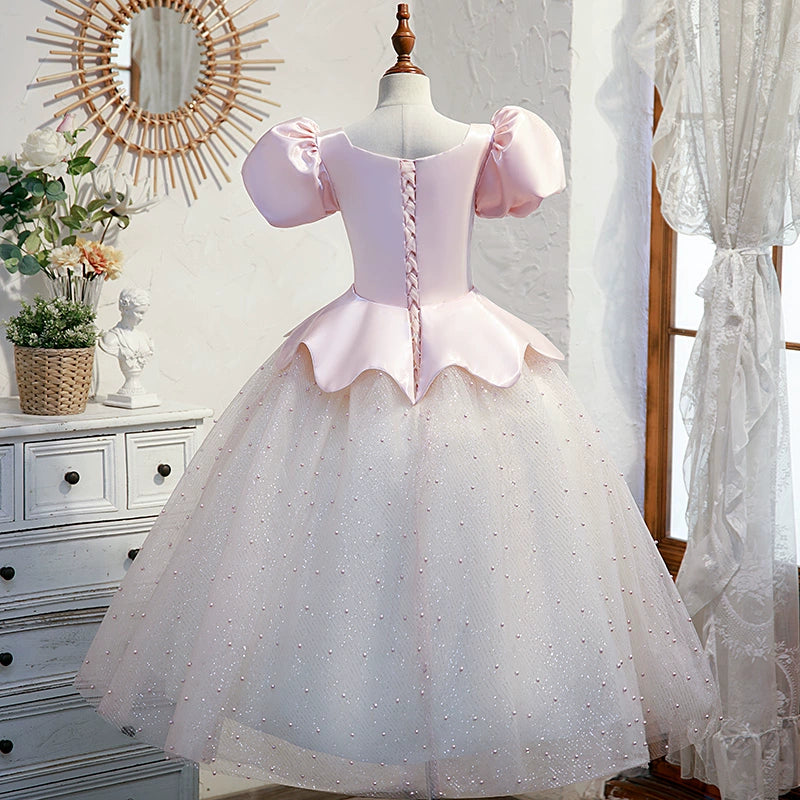 Pink Princess V-Neck Floor-Length Satin Flower Girl Dress for Weddings, Pageants & Special Occasions