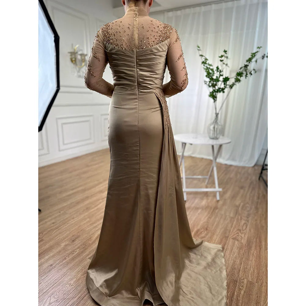 Elegant Rose Gold Long Sleeve High Neck Mermaid Evening Dress with Detachable Skirt - Women's Formal Gown for Prom, Wedding, Red Carpet & Special Occasions