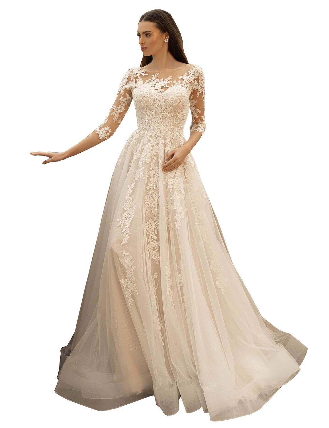 Elegant Plus Size Ivory Lace Wedding Dress with 3/4 Sleeves - Custom Made Bridal Gown for Bride | Perfect for Church Ceremony, Beach Wedding & Formal Reception