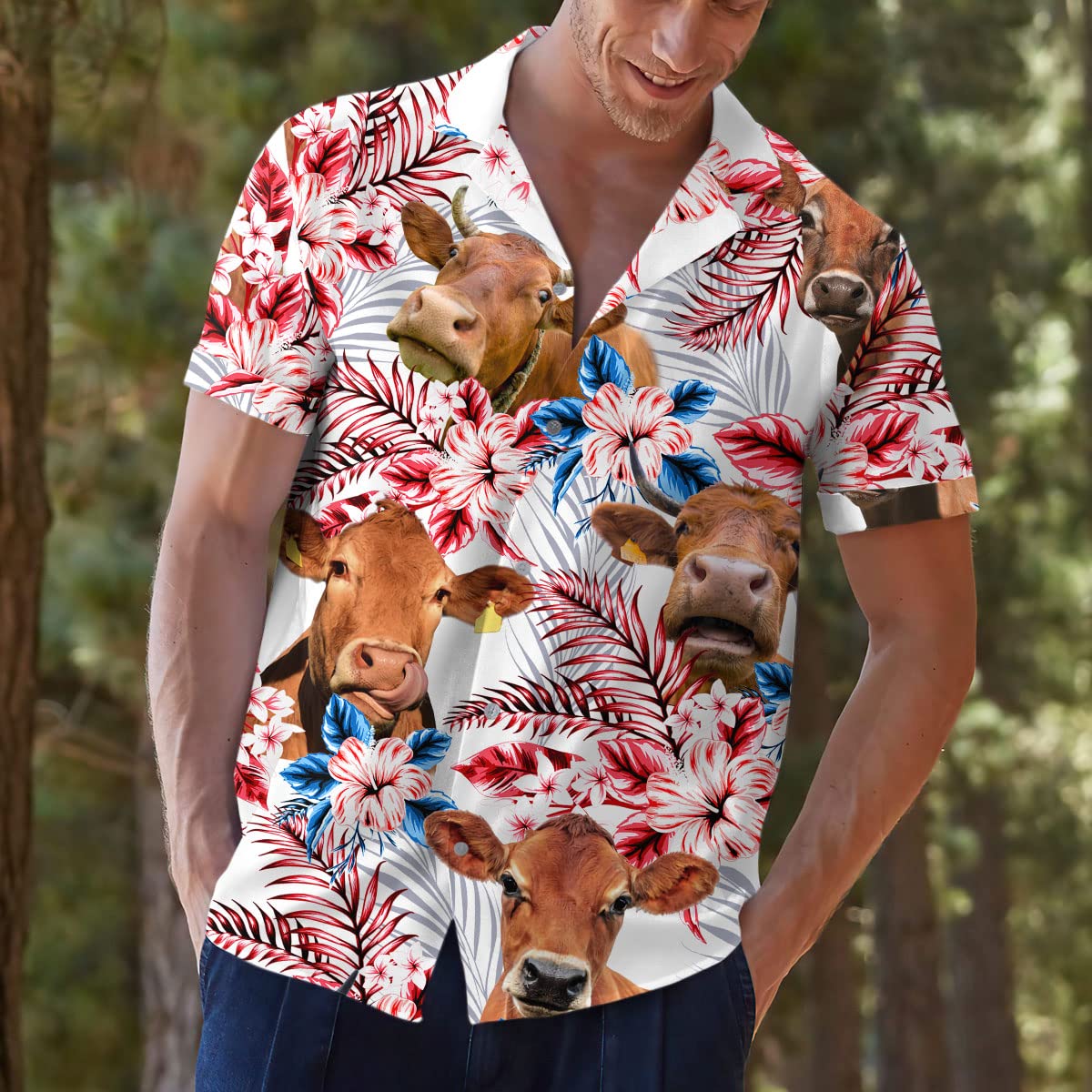 PIGO Cow Print Hawaiian Shirts for Men - Tropical Cow Button Down Shirt with US Flag Design - Short Sleeve Casual Shirt for Beach, Summer Vacation & Luau Parties