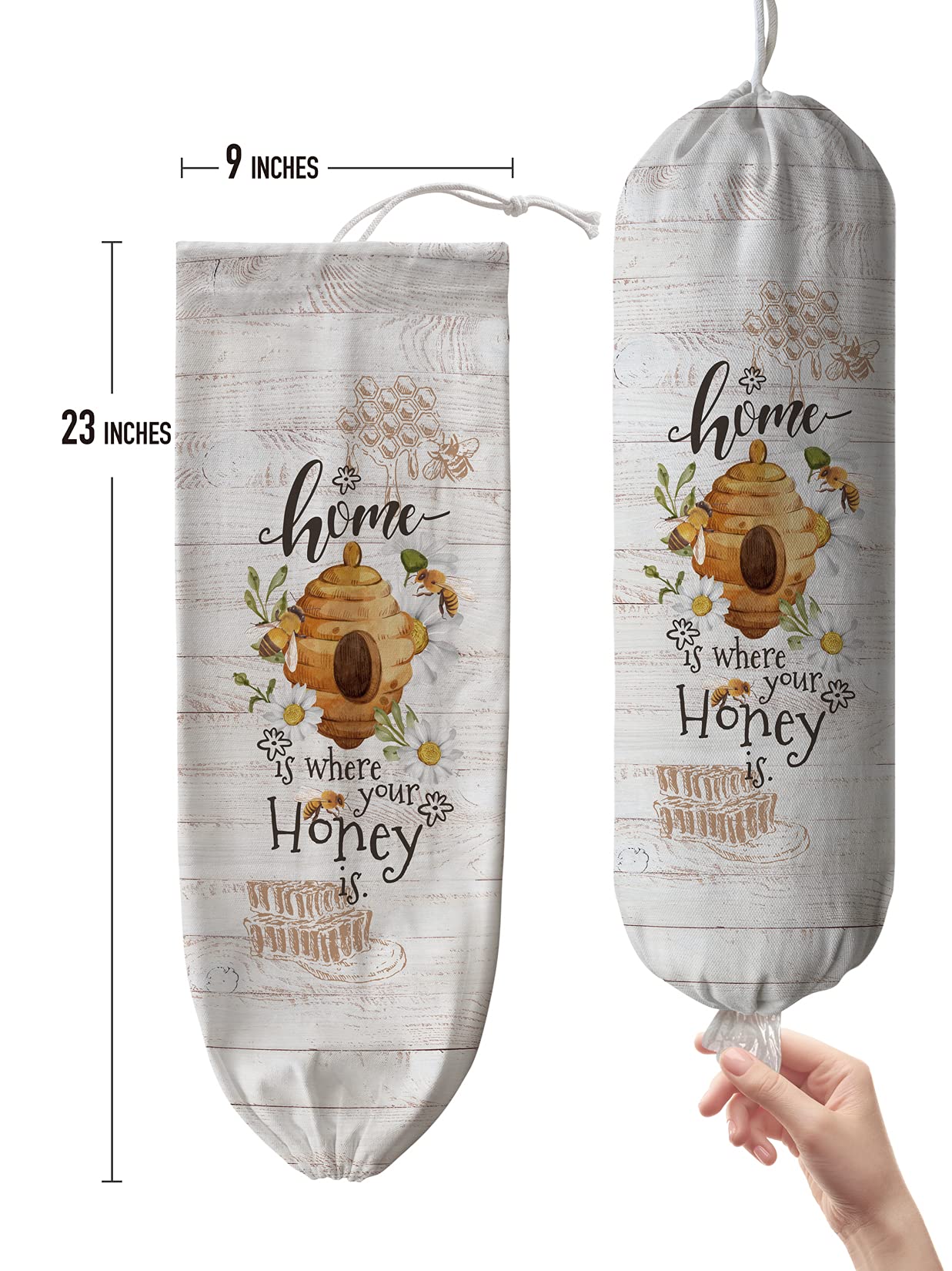 Hglian Farmhouse Plastic Bag Holder Dispenser - Honey Home Grocery Shopping Bags Storage Organizer | Kitchen Countertop, Pantry & Laundry Room Organization