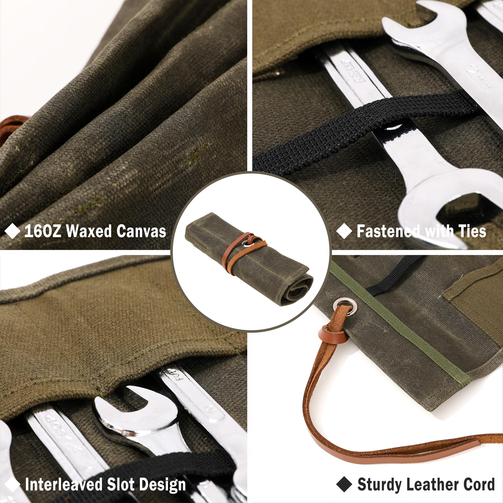 Heavy Duty 16oz Waxed Canvas Tool Pouch Roll Bag - 10 Pocket Screwdriver & Tool Organizer Case - Sustainable Army Green Tool Storage for Electricians, Carpenters & DIY Home Improvement Projects