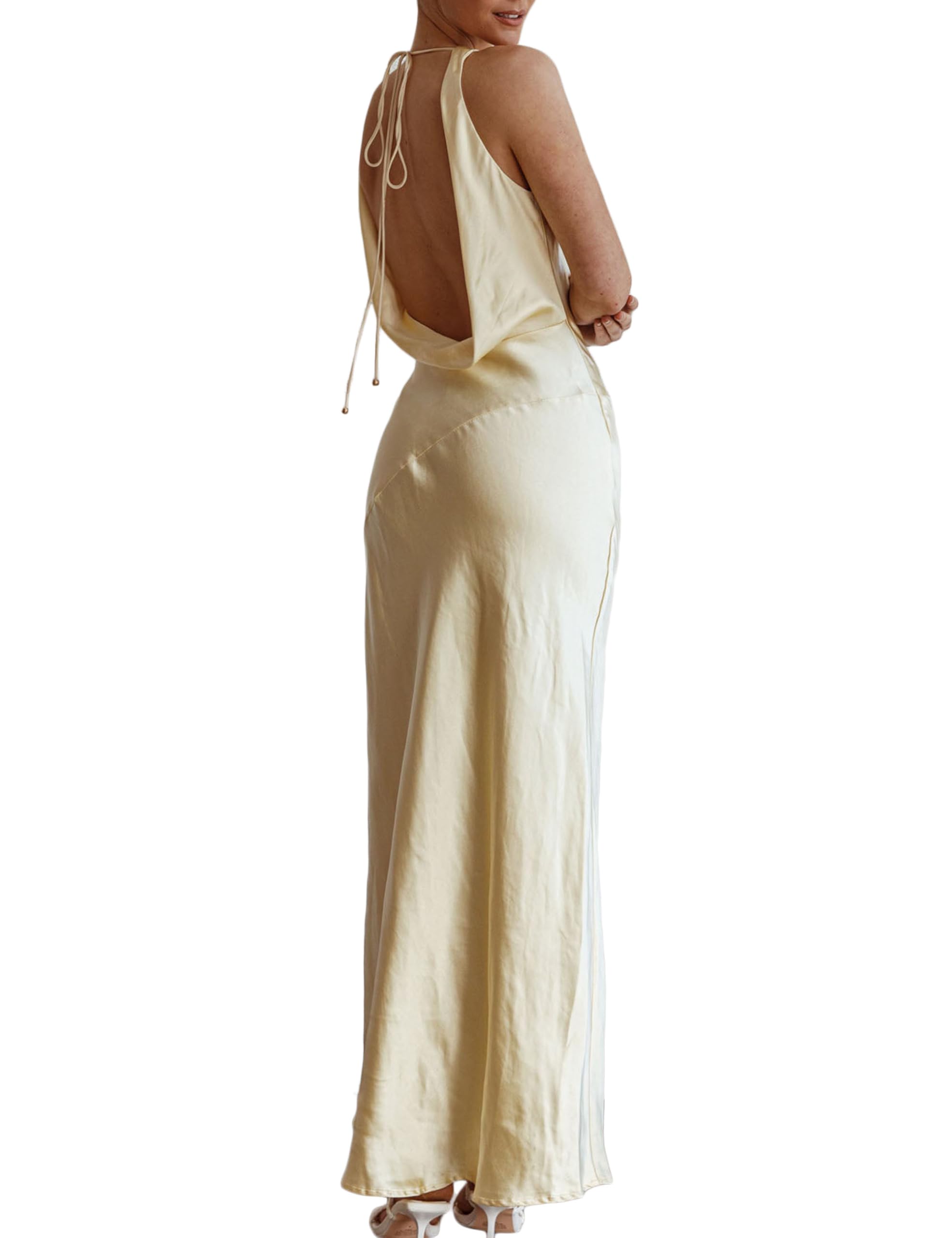 Elegant Satin Backless Maxi Dress for Women - Sleeveless Cowl Neck Silk Formal Gown for Wedding Guest, Party & Special Occasions | Summer 2025 Fashion