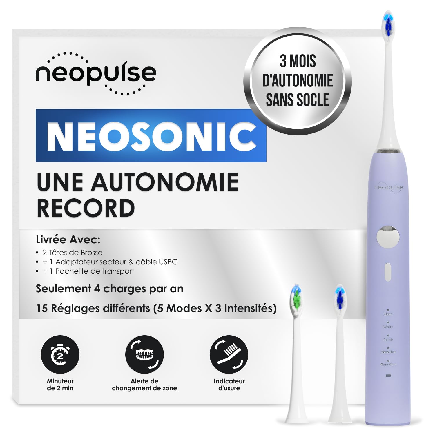NEOPULSE® NEOSONIC® Electric Toothbrush with Sonic Technology - USB Rechargeable, 15 Modes, 2 Brush Heads, 3-Month Battery Life - Timer & NEOKIDS Compatible - Perfect for Travel & Family Oral Care