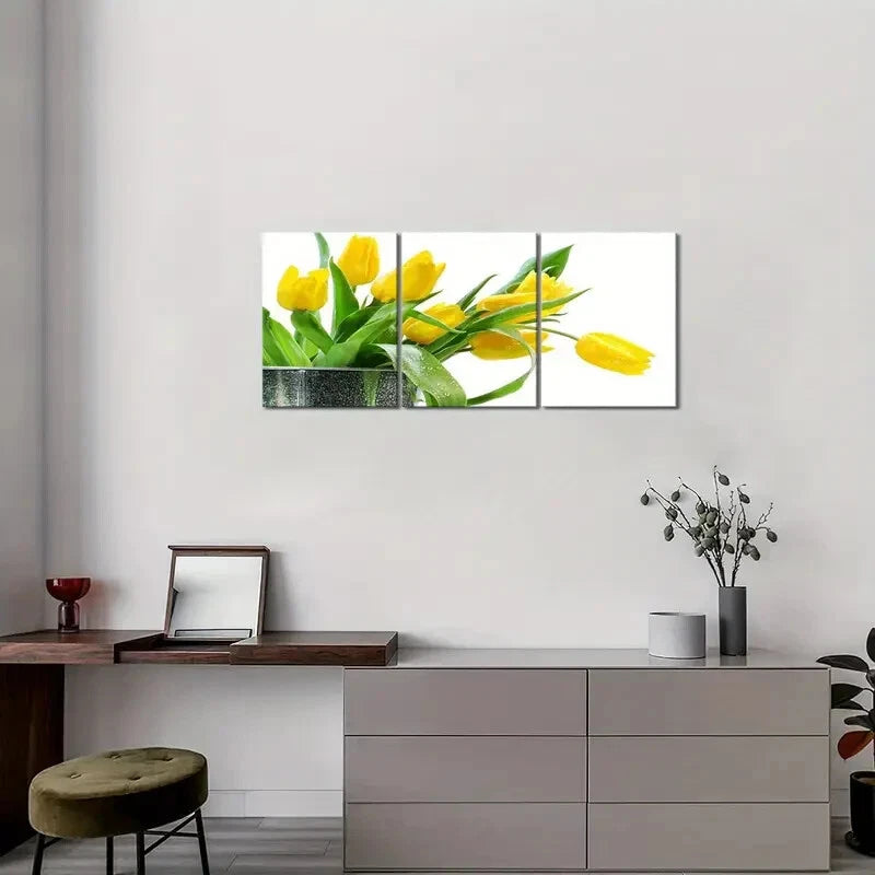 3-Piece Yellow Tulip & Green Foliage Metal Wall Art Prints - Ready to Hang Home Decor for Living Room, Bedroom & Office