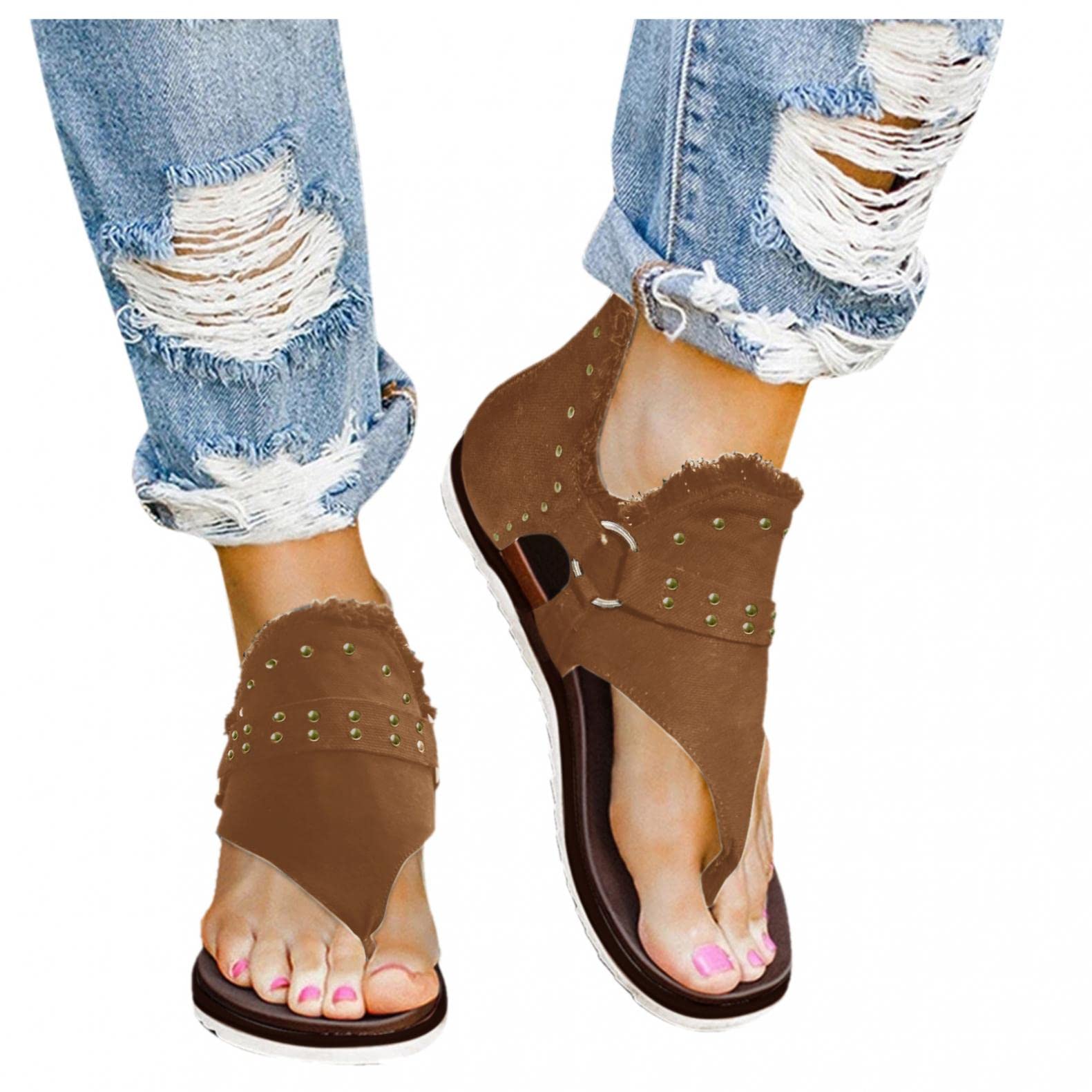 Women's Summer Sandals - Comfortable Flat Casual Flip Flops with Retro Denim & Buckle Gladiator Design | Perfect for Beach, Vacation, and Everyday Wear