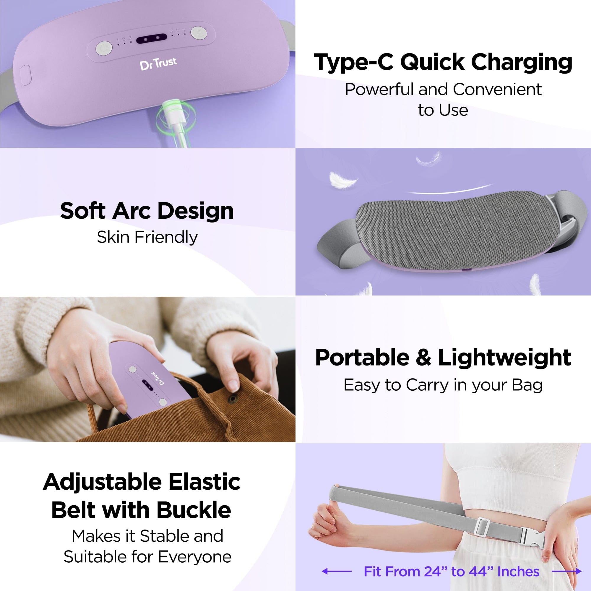 Dr Trust Electric Heating Pad for Women - 3 Temperature & 3 Massage Modes, Portable Cordless Period Pain Relief Belt for Menstrual Cramps, Belly, Back and Stomach Pain - Perfect for Home, Office & Travel Use