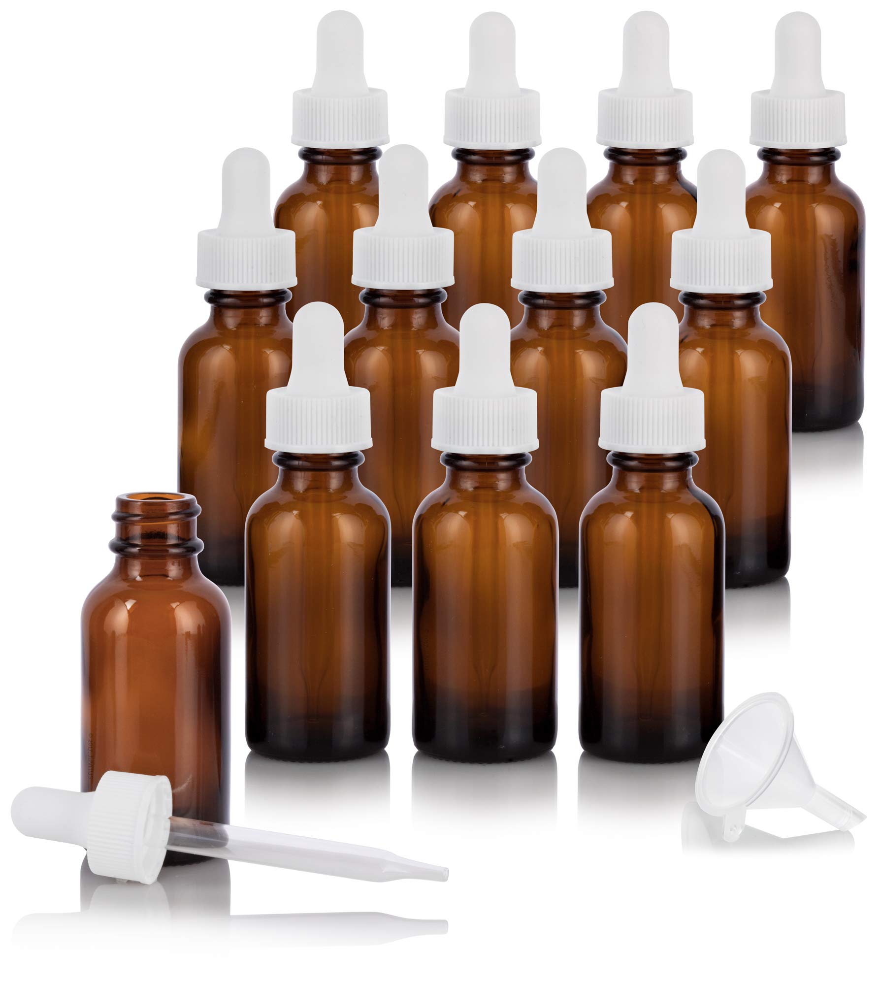JUVITUS 12 Pack 1 oz (30ml) Amber Glass Boston Round Bottles with White Dropper Caps & Funnel - Essential Oil, CBD, Tincture Storage for DIY, Aromatherapy, and Herbal Remedies