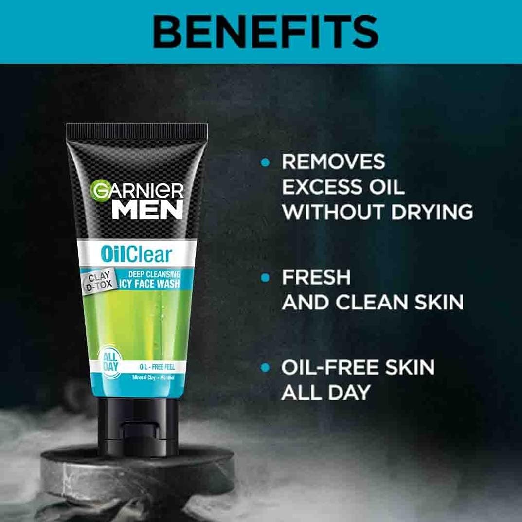 Garnier Men Oil Clear Clay D-Tox Deep Cleansing Icy Face Wash 50g & Bright Complete Overnight Serum 15ml - 2-in-1 Skincare Set for Men - Perfect for Oily Skin & Dark Spot Treatment - Morning & Night Routine