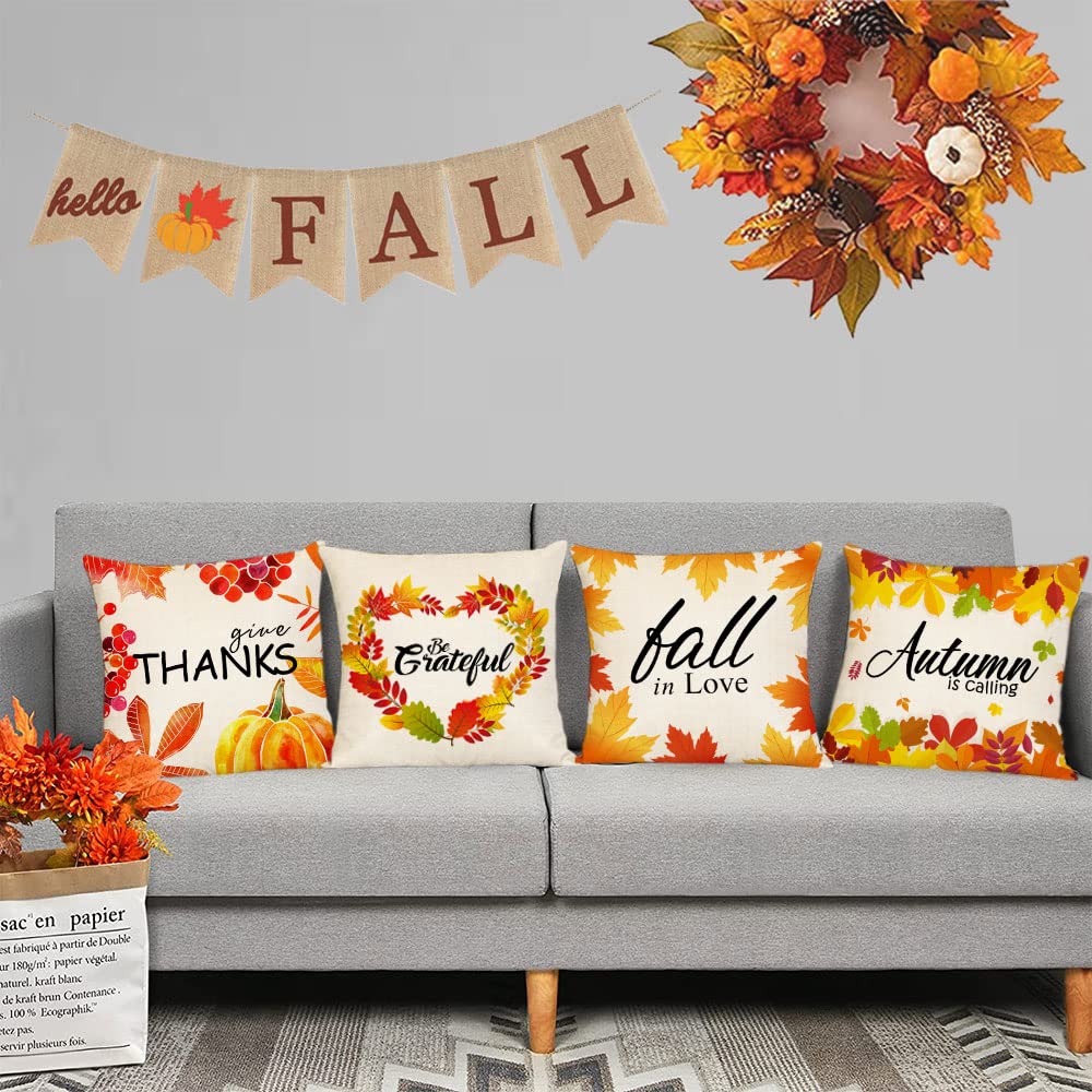 4 Pack Fall Pillow Covers 20x20 Inch - Thanksgiving Autumn Decor with Pumpkin & Leaf Patterns - Soft Decorative Throw Pillow Cases for Couch, Sofa, Bed - Perfect for Home, Living Room & Seasonal Decorations