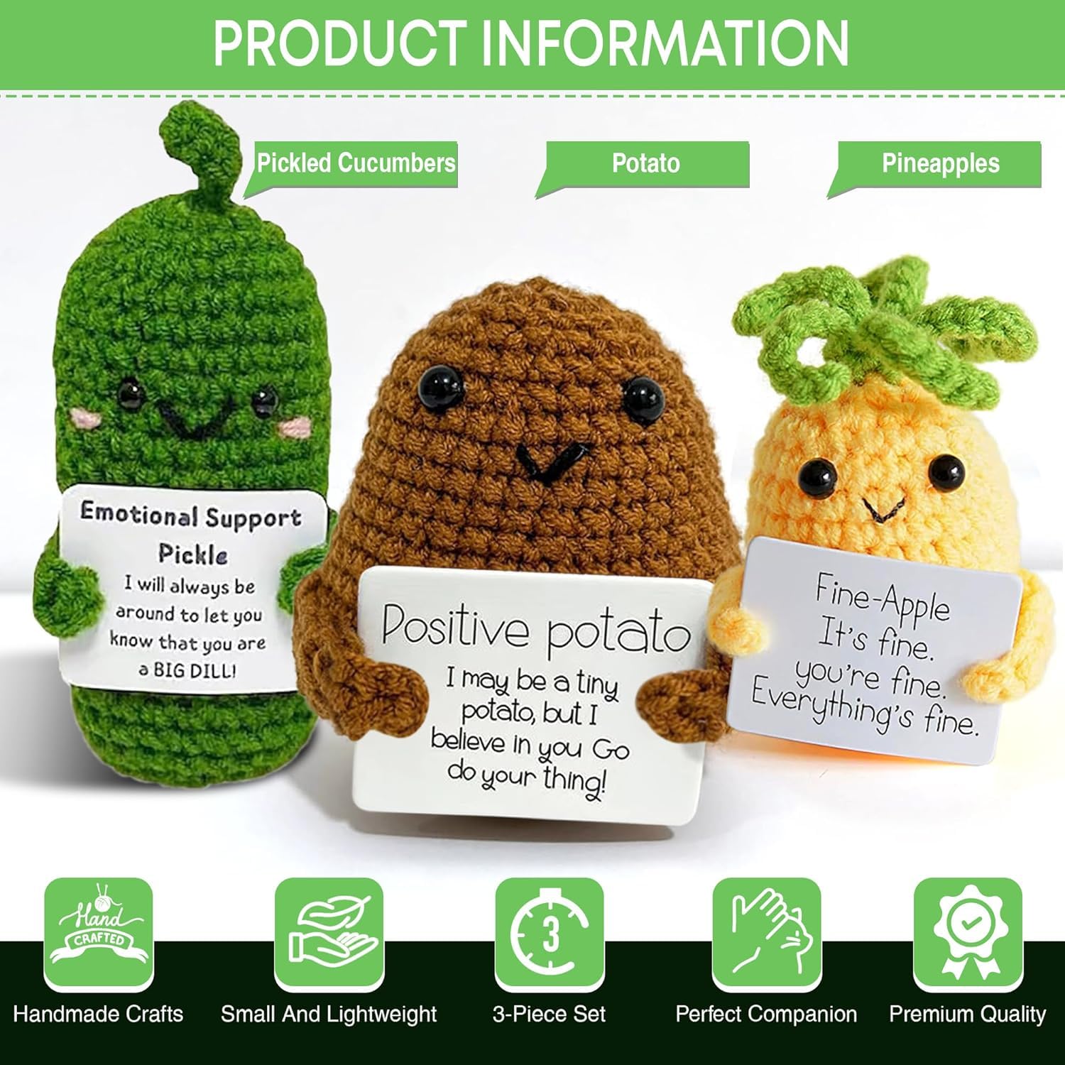 3-Pack Emotional Support Pickle & Potato Plush Toys with Positive Affirmation Cards - Cute Crochet Pineapple Doll Set, Unique Birthday Gifts for Women & Men, Fun Office Decor for Stress Relief & Home Decoration