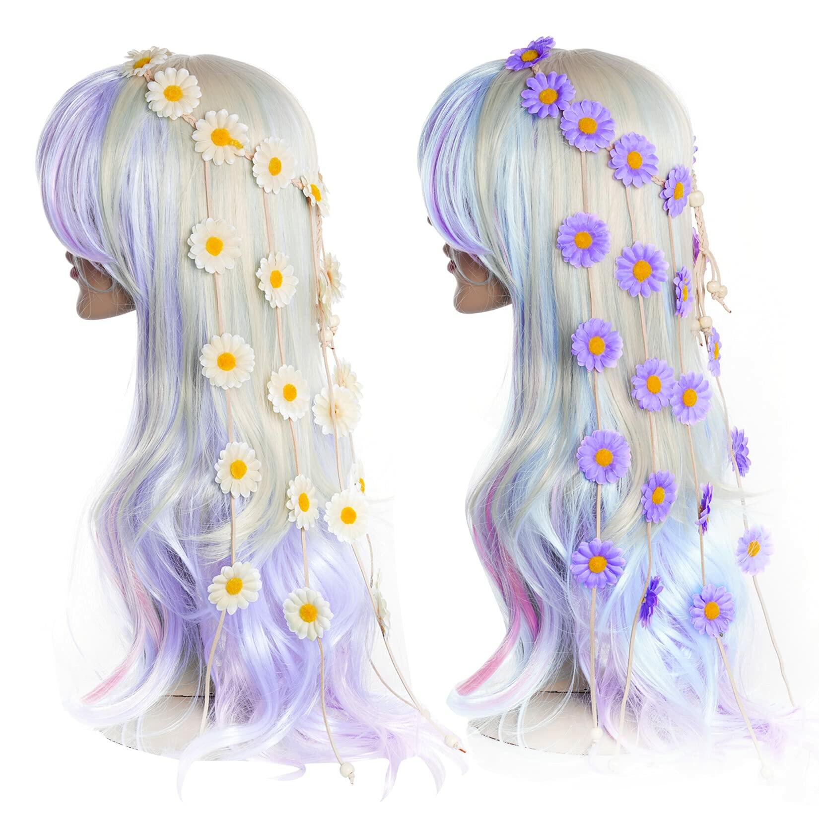 2pcs Bohemian Flower Headbands - Floral Crown Hair Accessories with Sunflowers in Beige & Purple for Festivals, Weddings, and Summer Outfits
