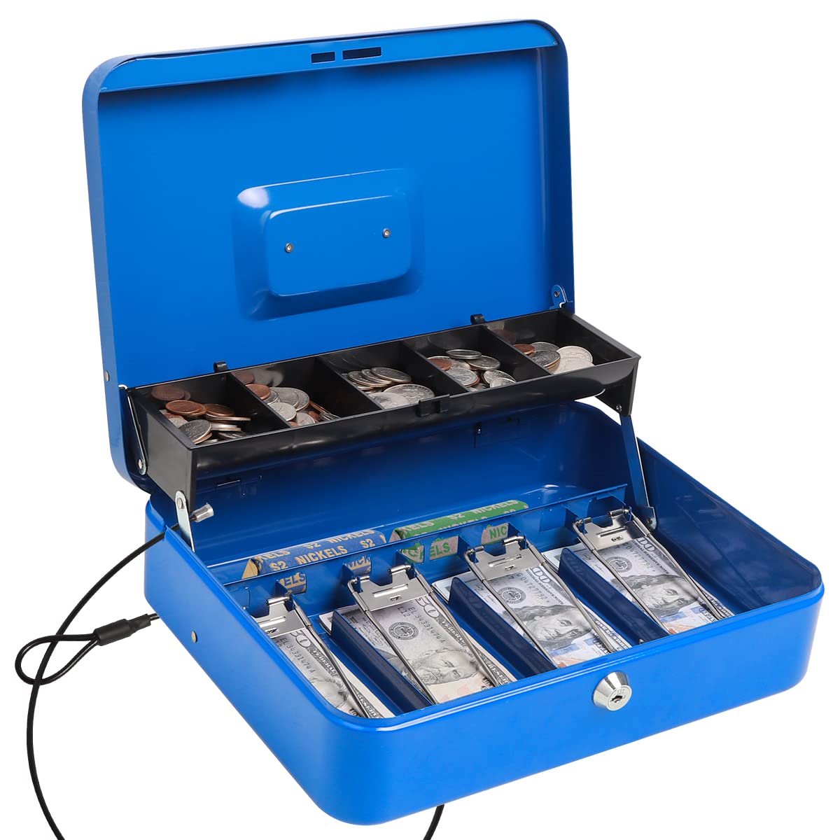 Durable Metal Cash Box with Key Lock & Money Tray - Secure Cash Storage Safe with Security Cable for Home, Office & Retail Use (Blue)