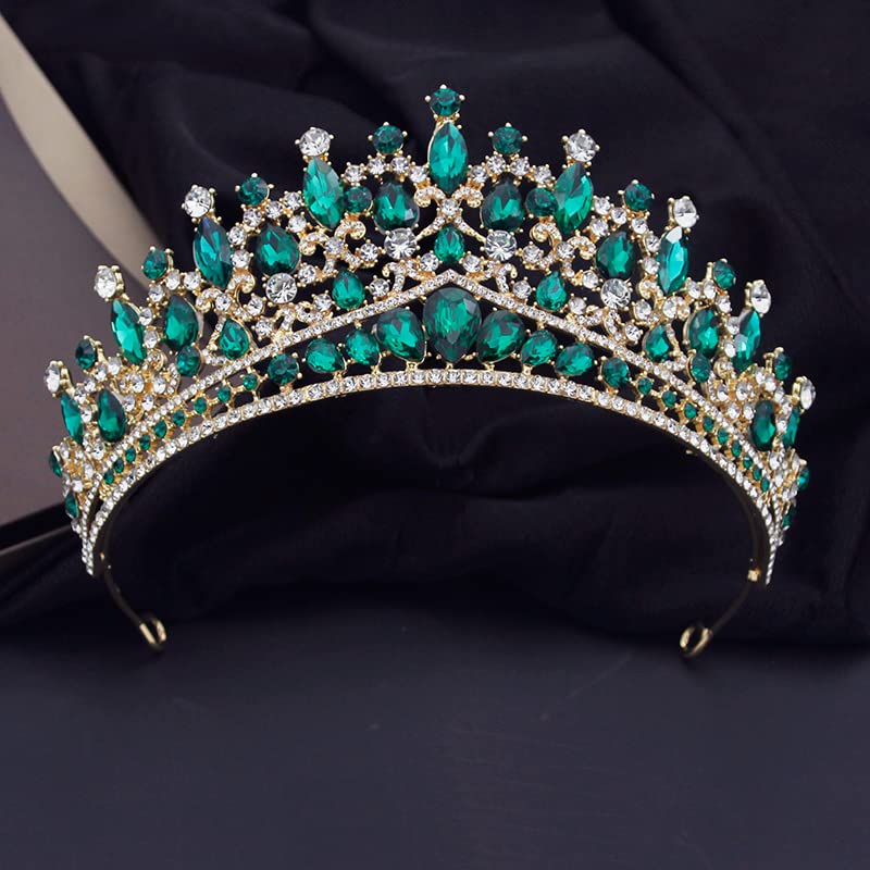 Luxury Crystal Wedding Tiara for Women - Gold Green Royal Queen Crown Bridal Headdress, Prom Hair Jewelry Accessories | Perfect for Weddings, Proms, Pageants & Special Events