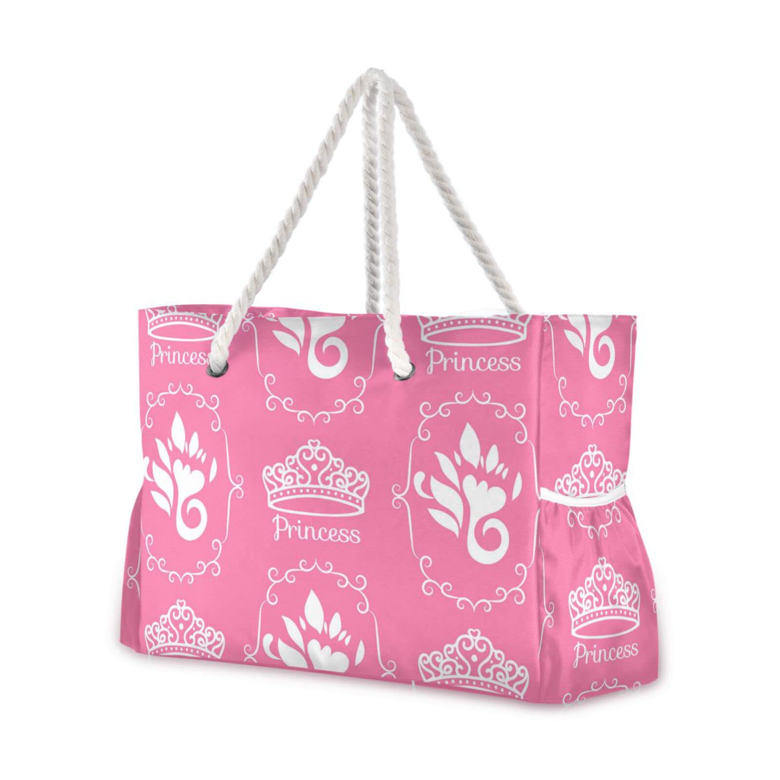 Pink Princess Crown Beach Bag - Large Waterproof Travel Tote Bag with Zipper for Women & Girls | Perfect for Pool, Beach Vacation & Summer Outings