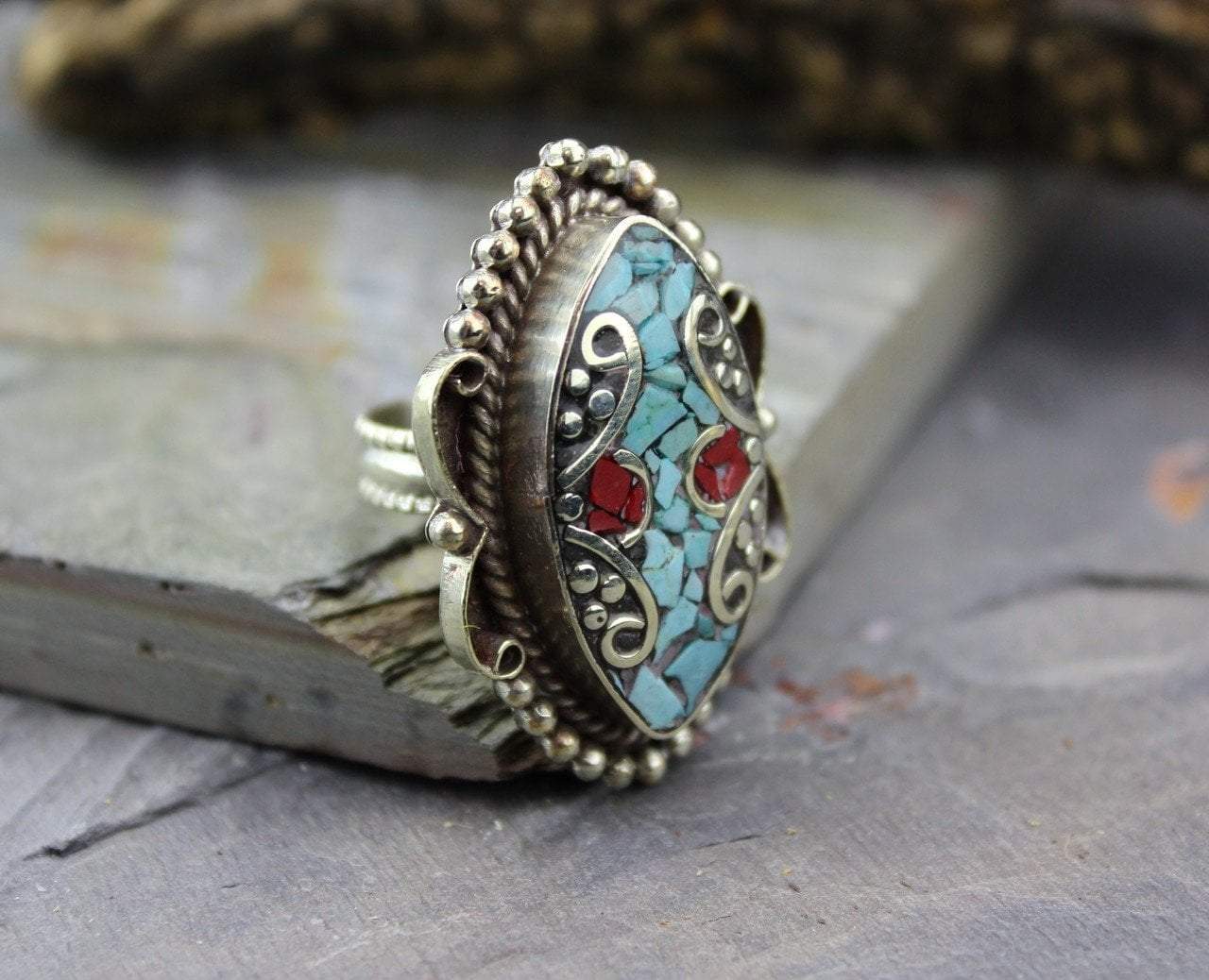 Adjustable Tibetan Coral & Turquoise Ring for Women - Handmade Boho Jewelry for Everyday Wear & Special Occasions