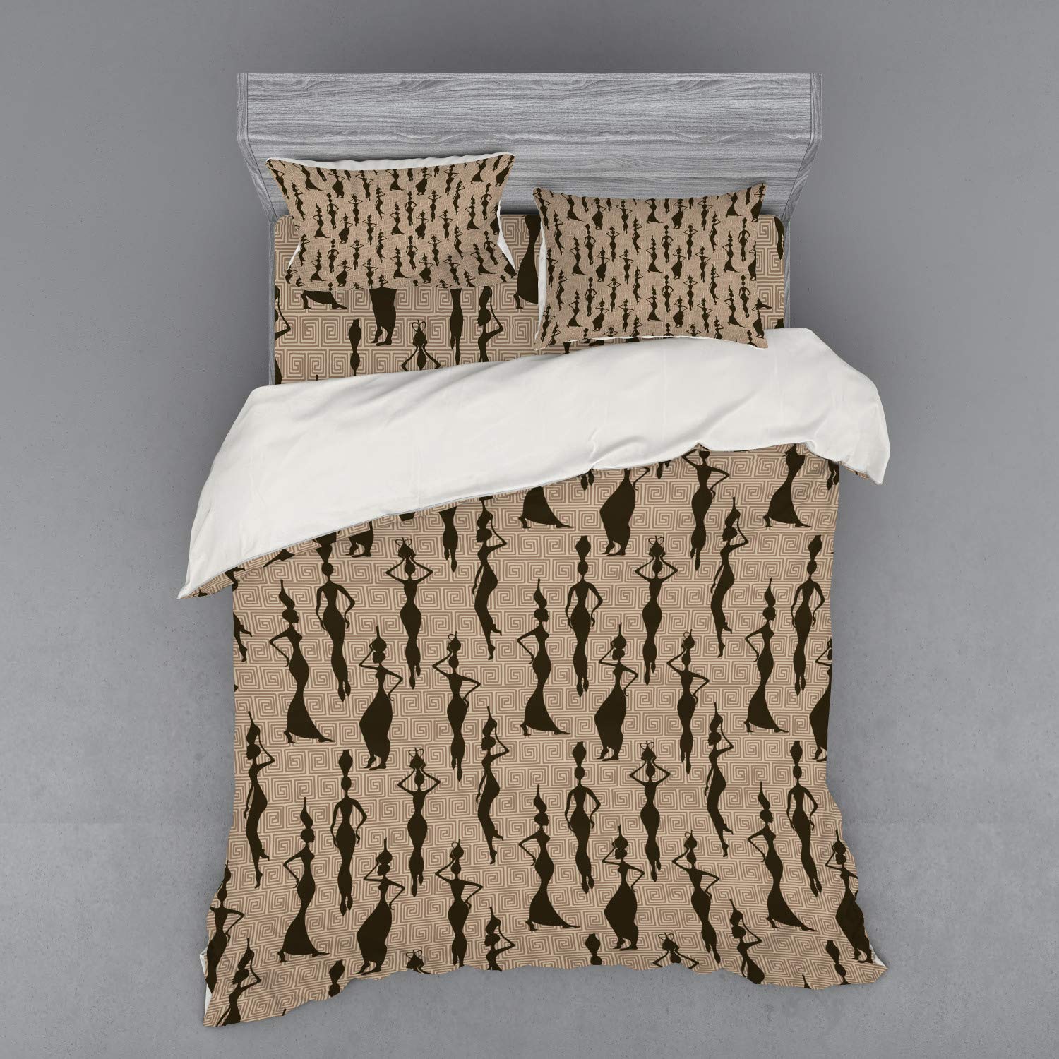 Ambesonne African Duvet Cover Set - Queen Size 4-Piece Bedding with 2 Pillow Shams & Fitted Sheet, Beige Tan Dark Brown Oriental Culture Silhouette Pattern of Woman Carrying Water Vases | Perfect for Ethnic Home Decor, Boho Bedroom, Cultural Themed Guest Rooms