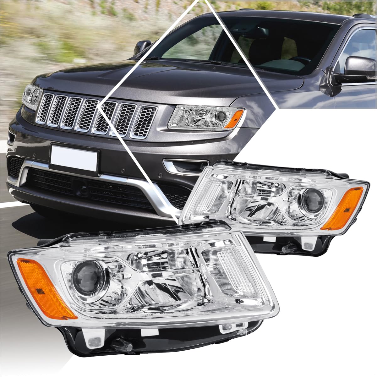 PM PERFORMOTOR 2Pcs Projector Headlights Assembly for Jeep Grand Cherokee 2014-2016 - Chrome Housing with Amber Corner - High Performance LED Headlights for Off-Road & Night Driving
