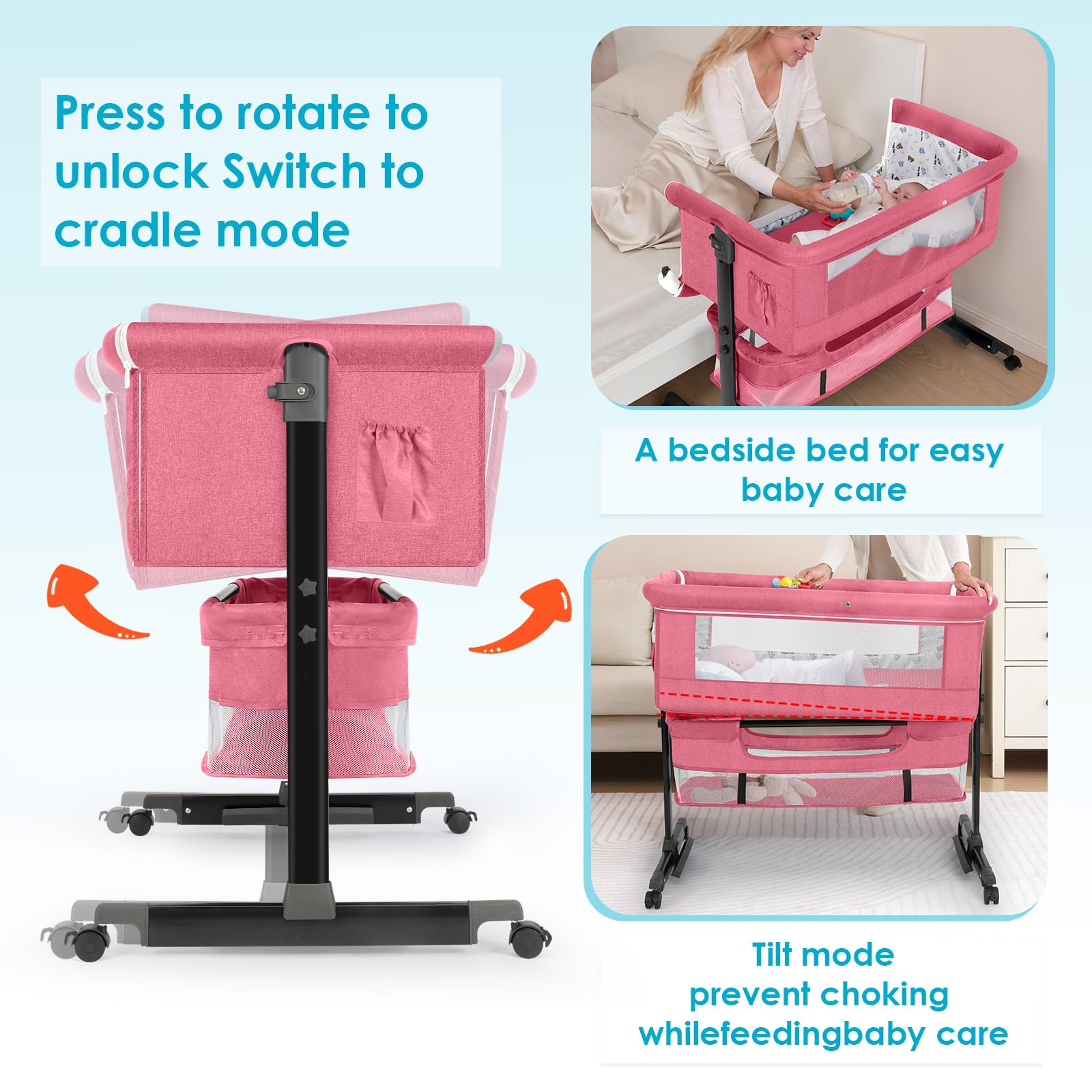 **2024 New Style Baby Bassinet - Portable Foldable Bedside Sleeper Crib for Boys & Girls (Pink) | Perfect for Nursery, Travel & Co-Sleeping**