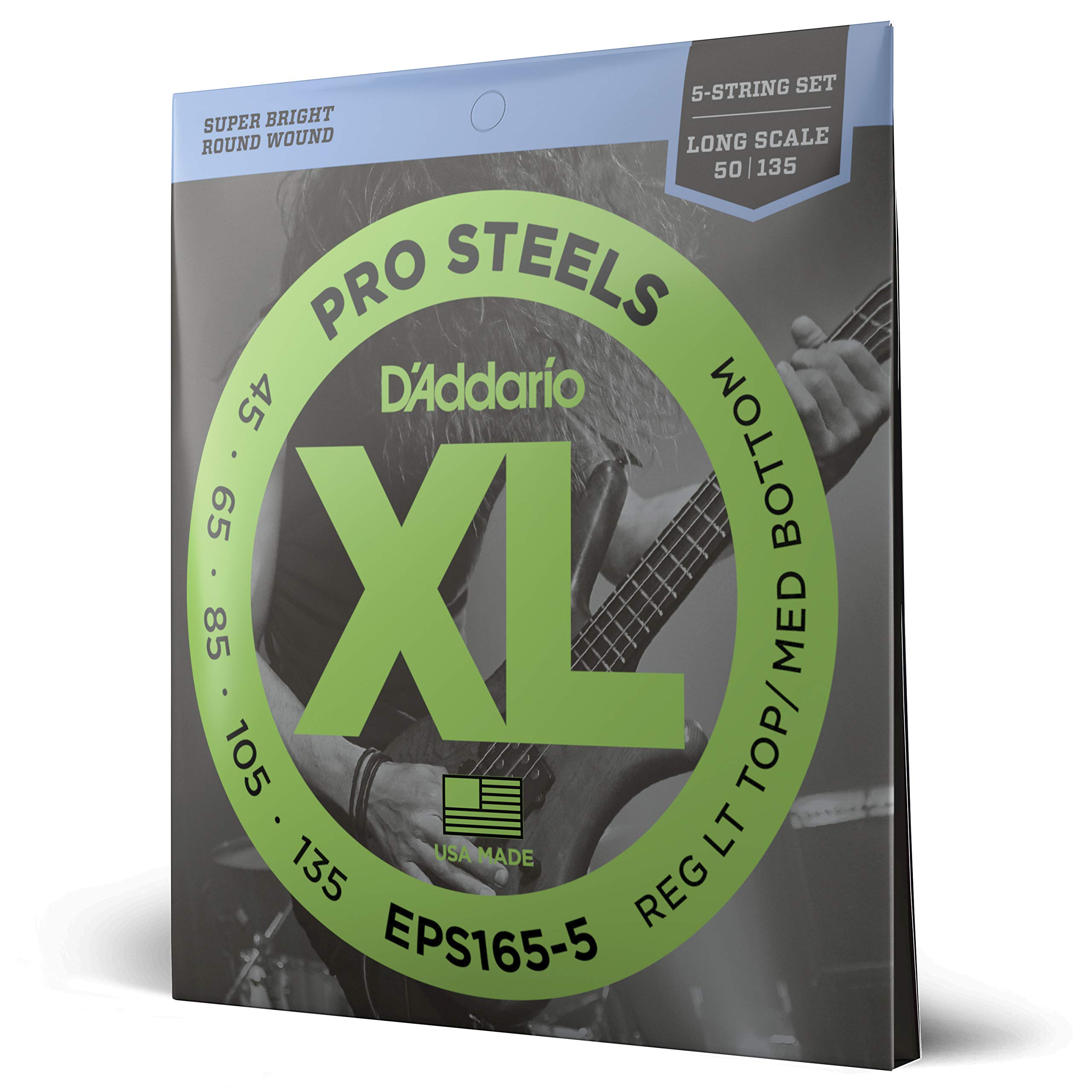 D'Addario XL Pro Steels Bass Guitar Strings EPS165-5 - Long Scale 5-String Set (45-135 Regular Light Top/Medium Bottom Gauge) - Perfect for Rock, Metal & Studio Recording - Pack of 1