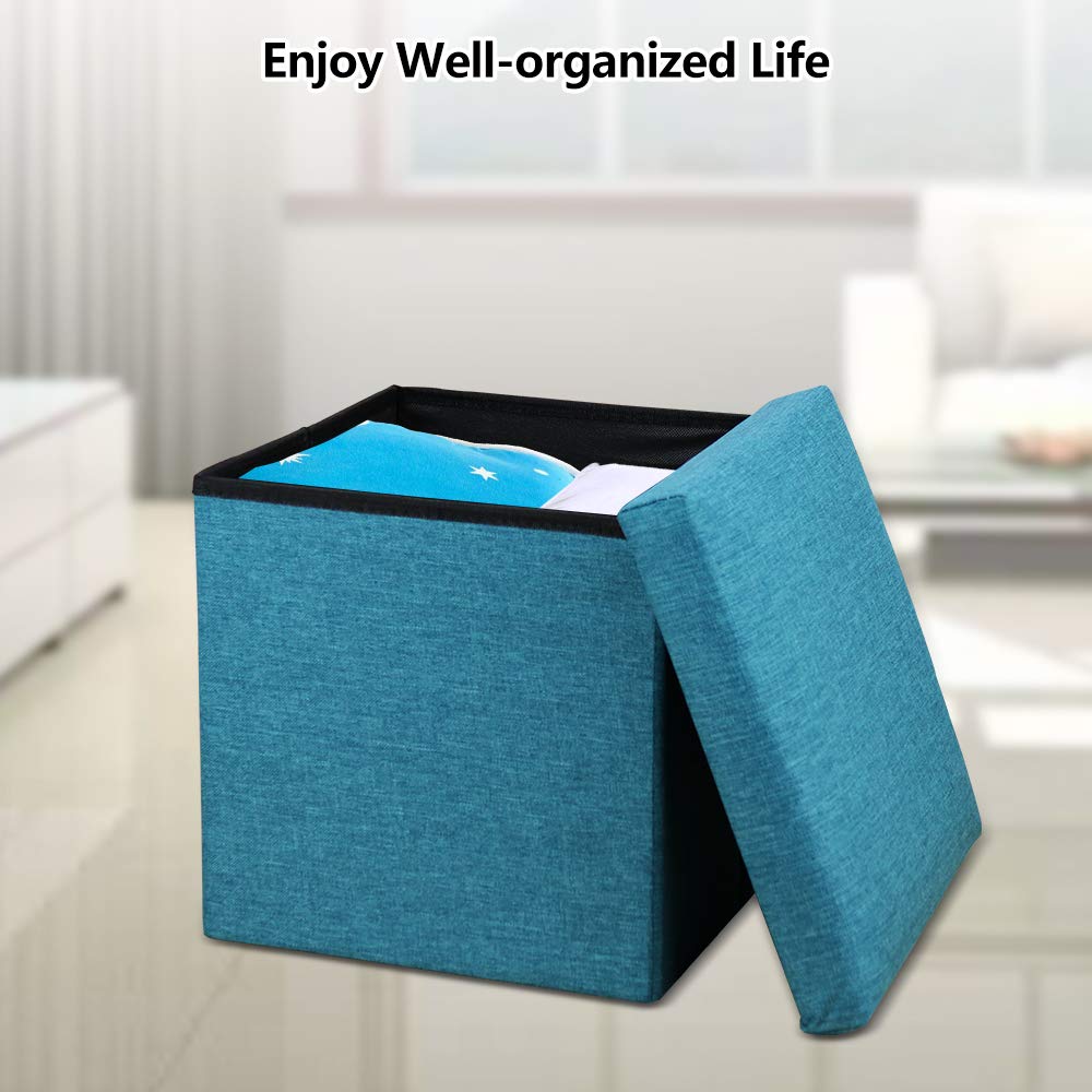 Foldable Storage Ottoman Cube - 11.8x11.8x11.8 Inch Square Footrest Stool with Memory Foam | Space-Saving Teal Ottoman for Living Room, Bedroom & Office Organization