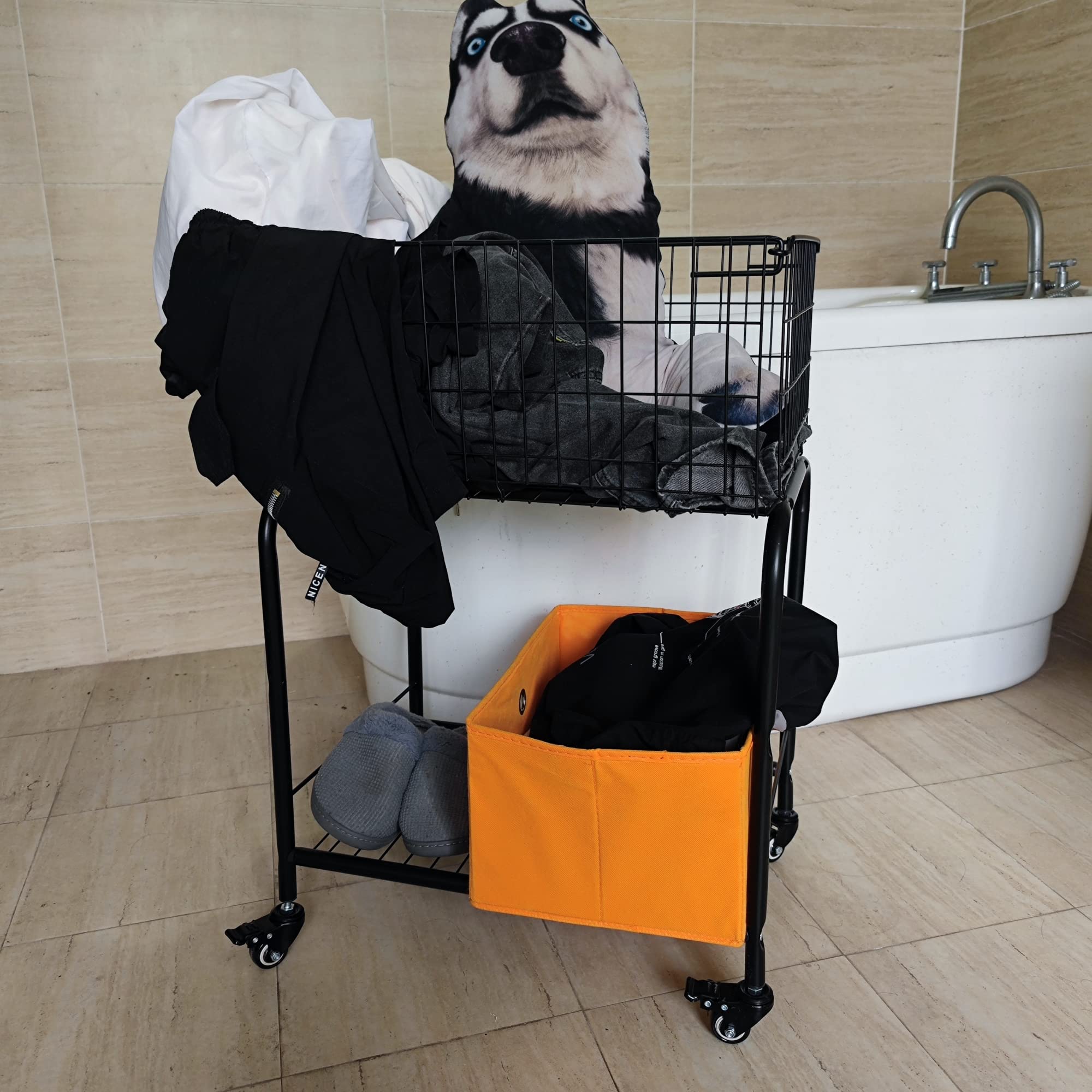 Rolling Laundry Basket on Wheels - Black Metal Garment Storage Cart with Wheels | Portable Clothes Hamper for Bedroom, Laundry Room & Dorm Organization