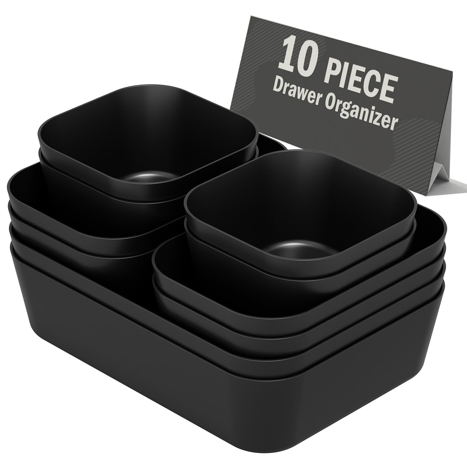 10-Pack Plastic Drawer Organizer Set - Bathroom Vanity & Makeup Storage Trays for Bedroom, Kitchen Utensils & Office Supplies | Space-Saving Organization Solution (Black)