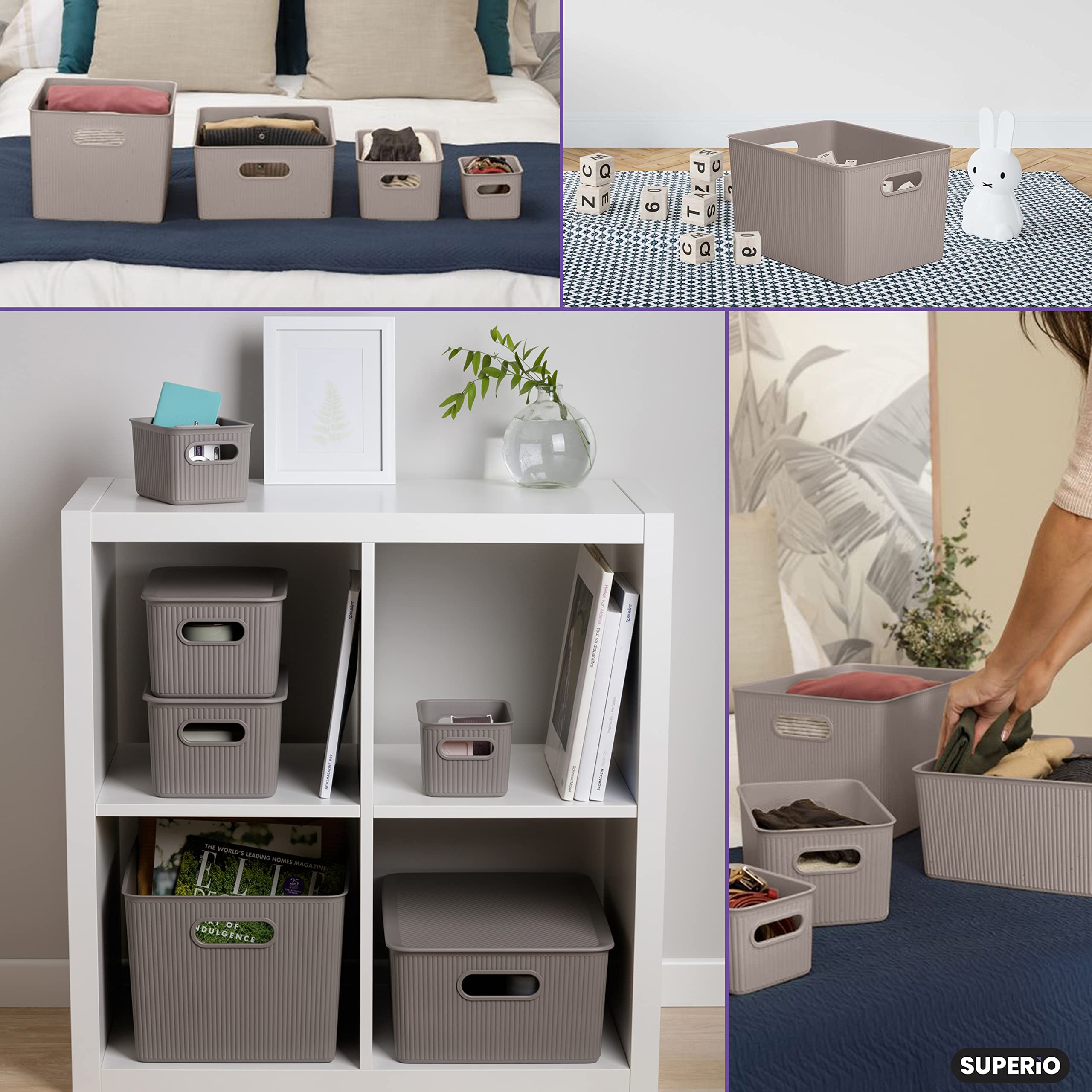 Superio Ribbed Collection - 6 Pack X-Large Taupe Plastic Storage Bins, 22 Liter/23 Quart Decorative Organizer Baskets for Home, Closet, Shelves & Drawers | Space-Saving Open Storage Containers for Bedroom, Bathroom & Office Organization