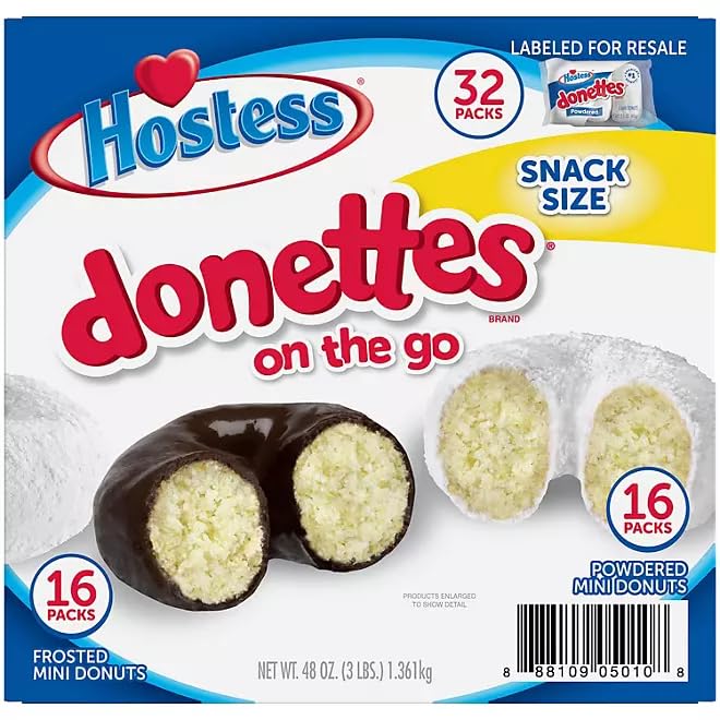 Hostess Mini Powdered & Frosted Chocolate Donettes 32 Pack - Delicious Bite-Sized Donuts for Office Snacks, School Lunches & Party Treats