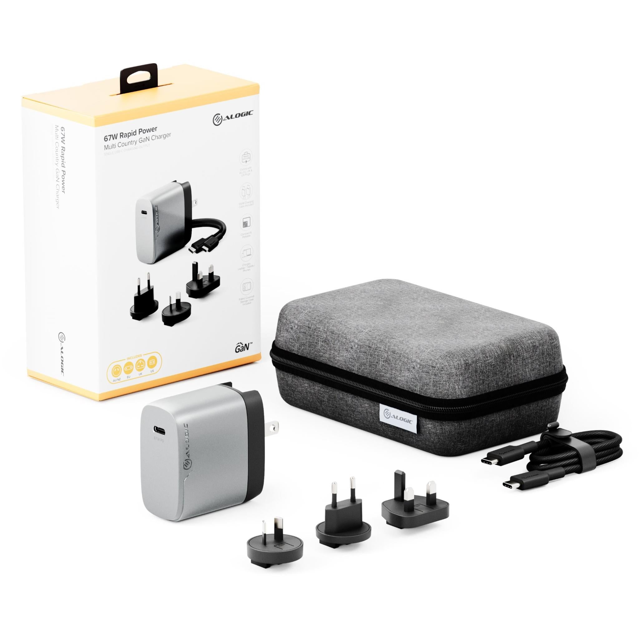 ALOGIC 67W GaN Fast Charger with Multi-Country Adapter - Compact Travel Charger for Laptop, Phone & Tablet (Space Grey) | Perfect for Business Trips, Vacations & International Travel