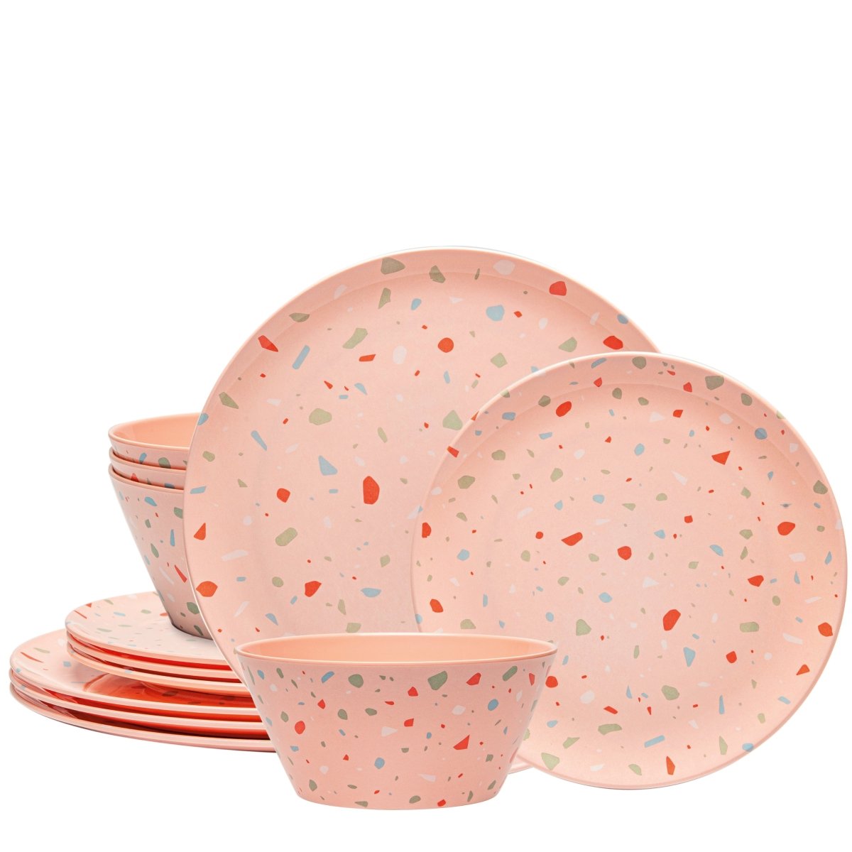 12-Piece Outdoor Dinnerware Set - Pink Confetti Design - Durable Melamine Plates, Bowls & Cups - Perfect for Picnics, BBQs, and Pool Parties
