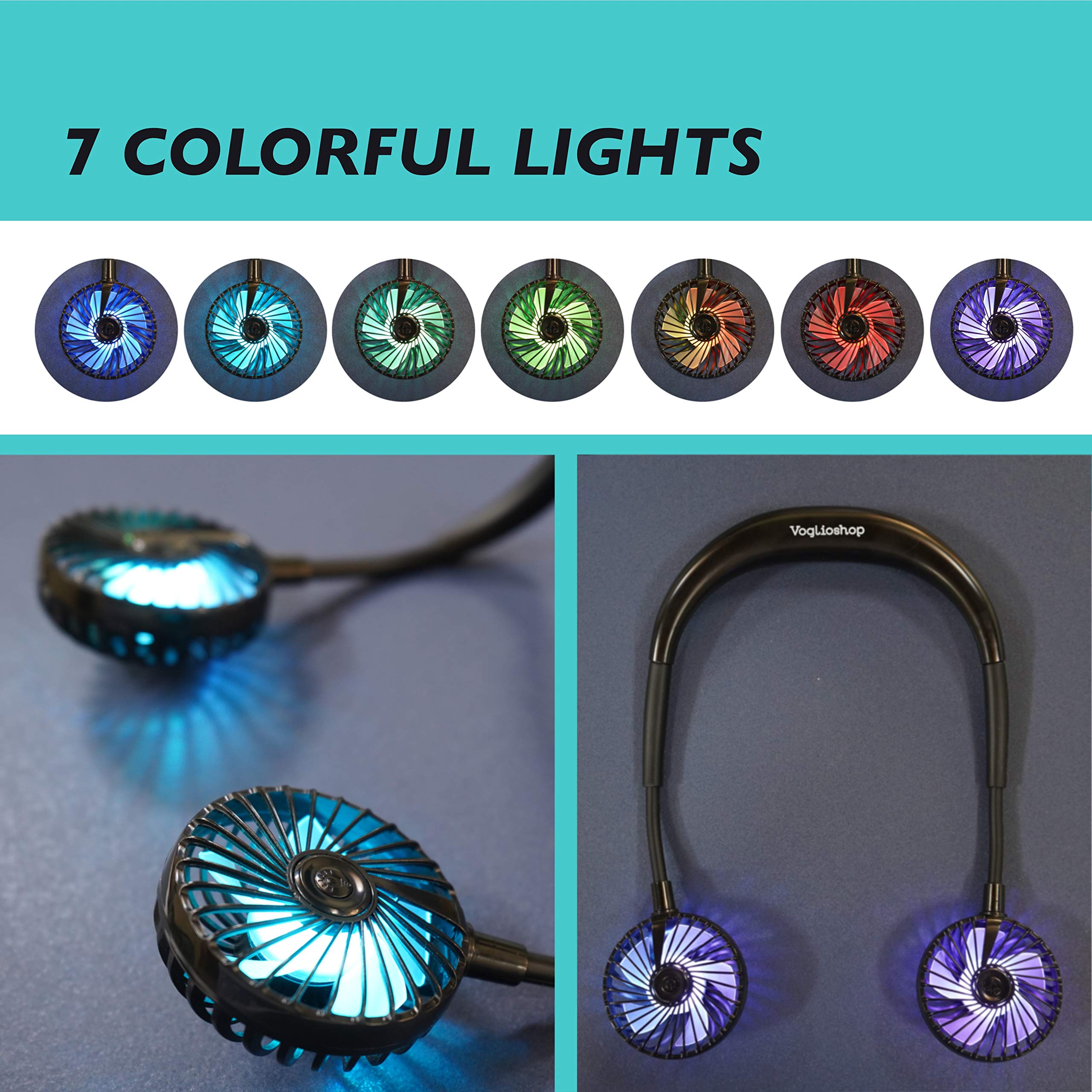 Portable Neck Fan with LED Lights - USB Rechargeable Personal Cooling Fan, 3 Speed Settings, Long-Lasting Battery - Perfect for Outdoor Activities, Gym, Office & Mask Wearers