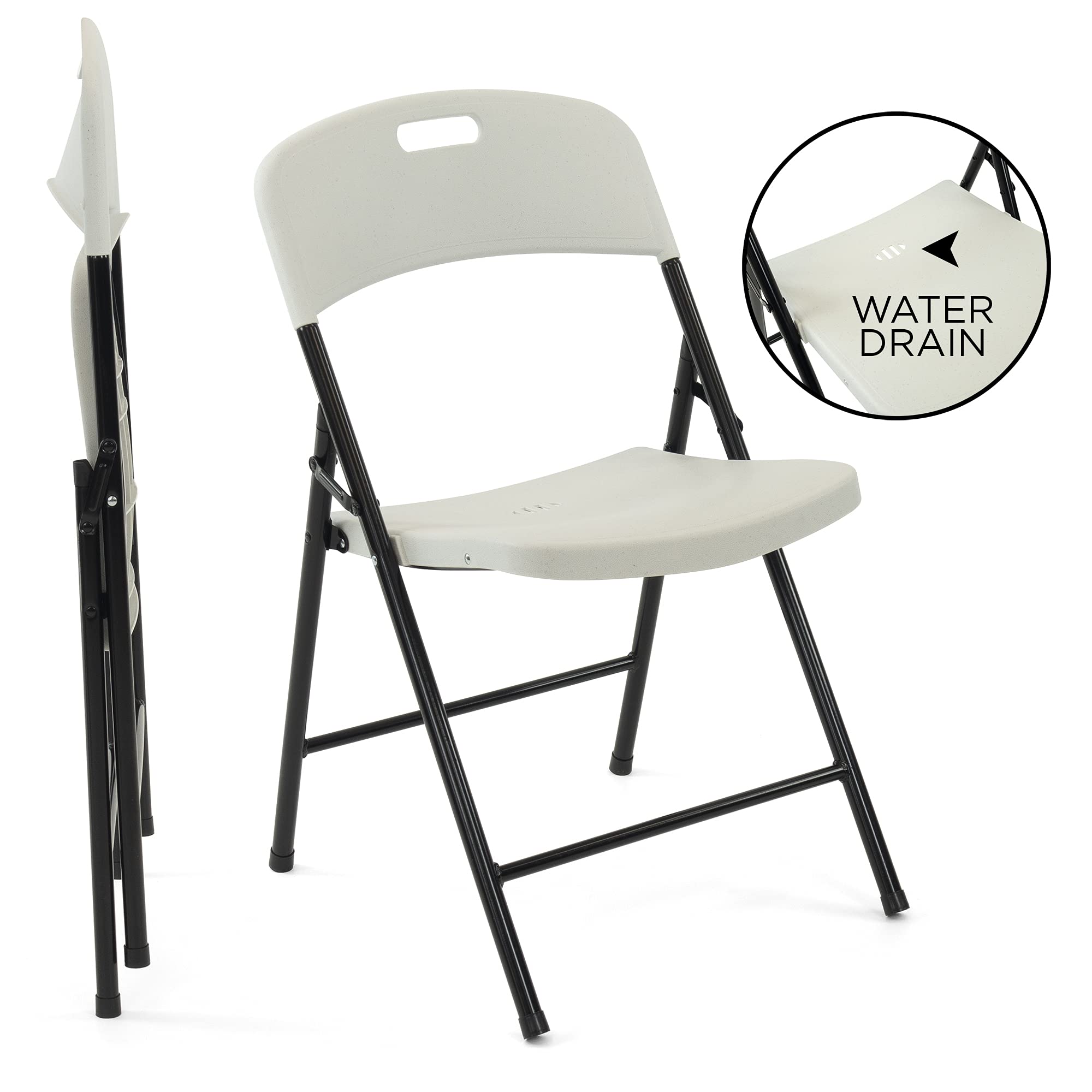 6 Ft Portable Outdoor Folding Table and Chairs Set with Built-in Wheels - Durable White & Black Plastic for Picnics, Camping & Backyard BBQs