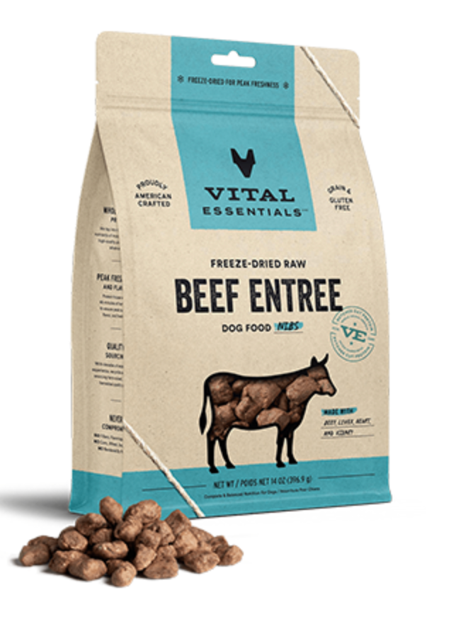 Vital Essentials Freeze Dried Raw Beef Entree Nibs Grain-Free Dog Food - 14oz (396.8g) | High Protein Natural Treats for Small & Large Dogs | Perfect for Training, Travel & Digestive Health