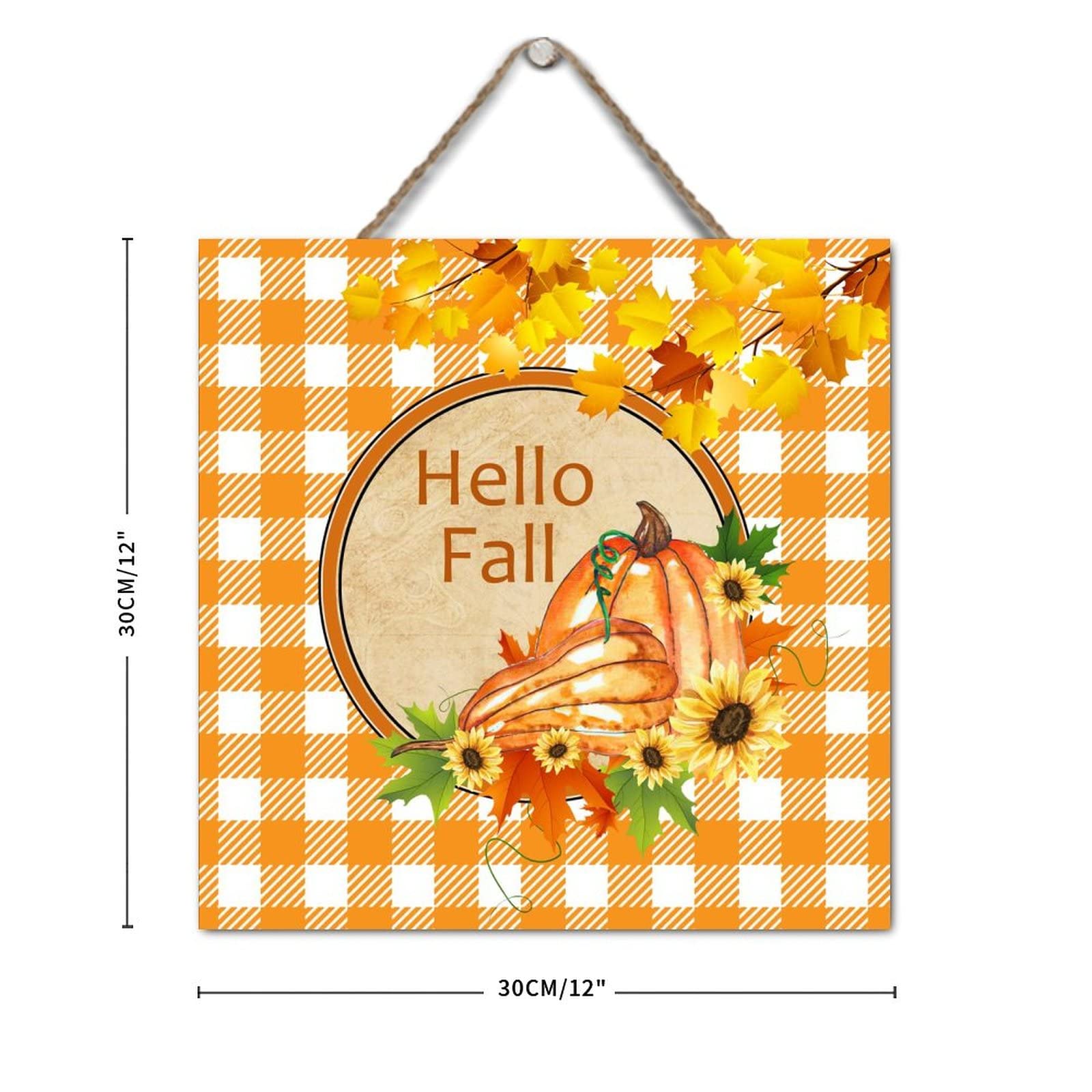 Farmhouse Wood Wall Sign - 12x12in Hello Fall Decor with Pumpkin & Sunflowers, Orange & White Buffalo Check Plaid - Thanksgiving, Autumn, Halloween Hanging Sign for Bedroom, Living Room, Porch, and Seasonal Home Decor