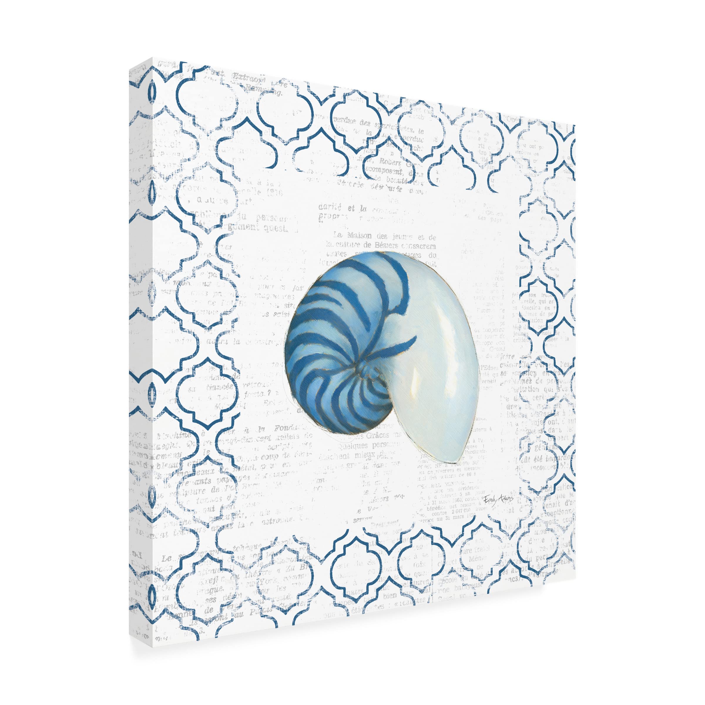 Emily Adams Navy Nautilus Shell on Newsprint Canvas Art Print - Modern Coastal Wall Decor for Living Room, Bedroom & Office | Trademark Fine Art Collection