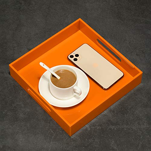 Orange Acrylic Serving Tray with Handles - 10x10 Inch for Kitchen, Vanity & Ottoman