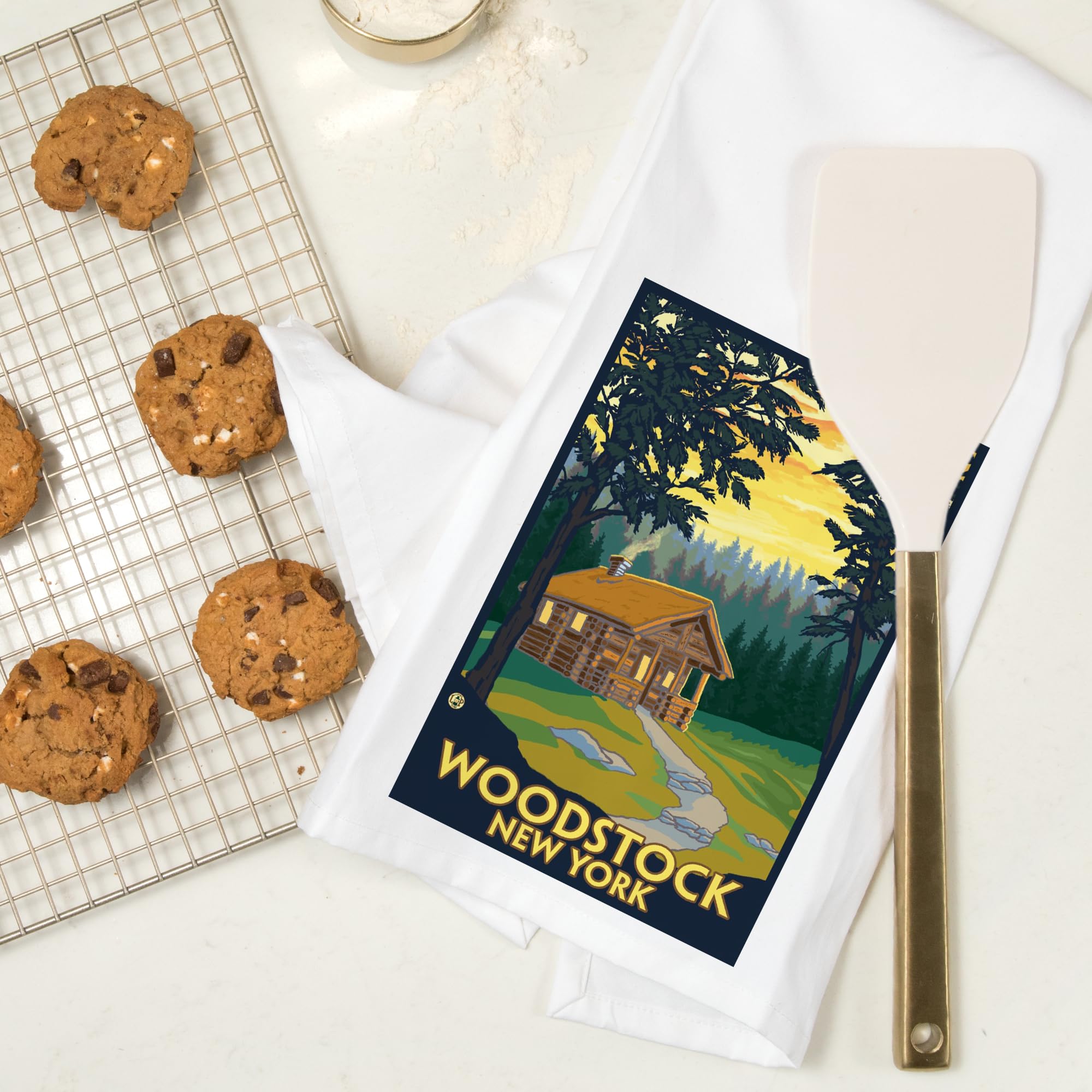 Lantern Press Woodstock New York Cabin Scene - 100% Cotton Tea Towel & Decorative Hand Towel for Kitchen, Home Decor | Perfect for Farmhouse Style, Rustic Kitchen, and Cozy Cabin Decor