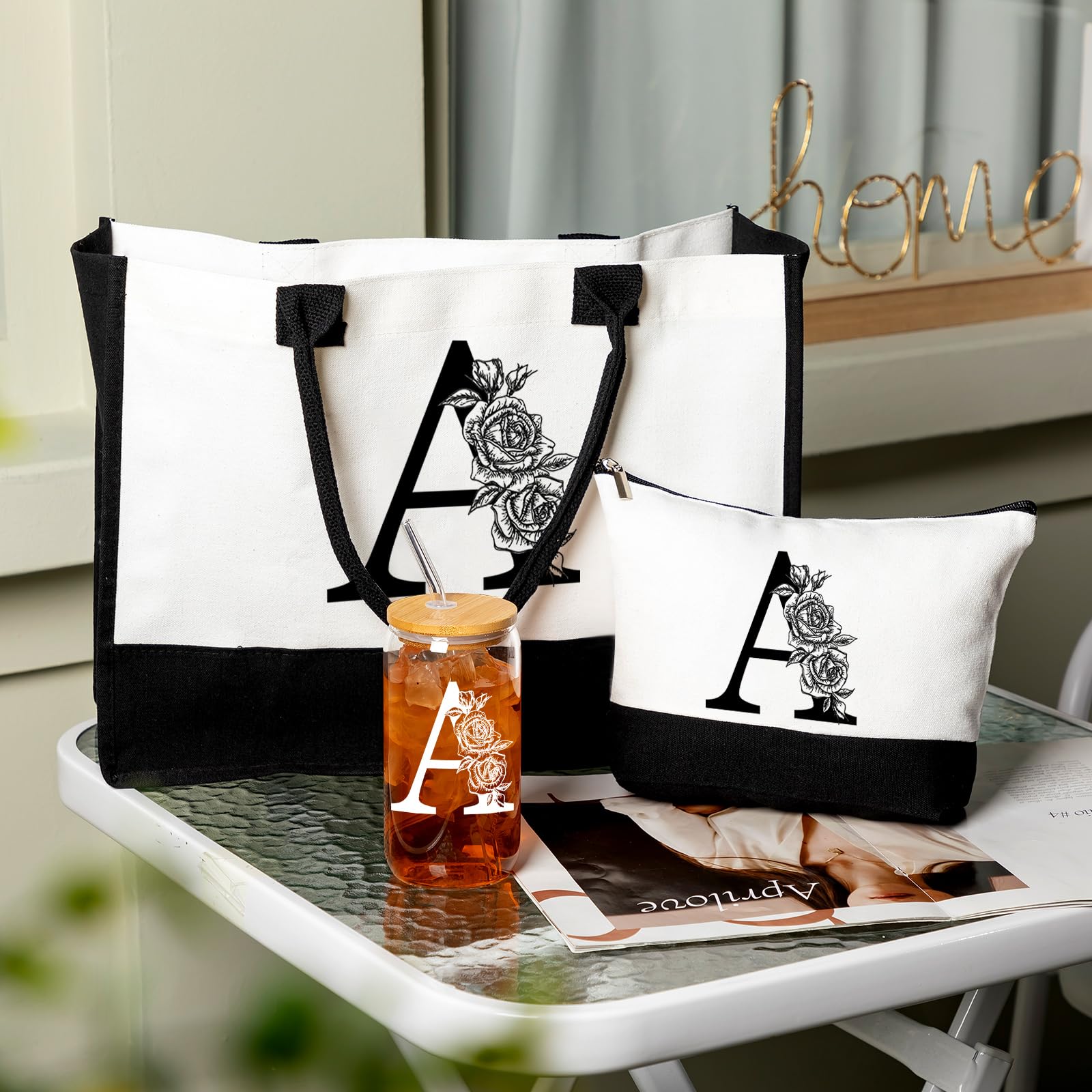 Personalized Monogram Canvas Tote Bag & Glass Coffee Cup Set - Custom Initial Gifts for Women, Perfect for Work, Travel & Everyday Use