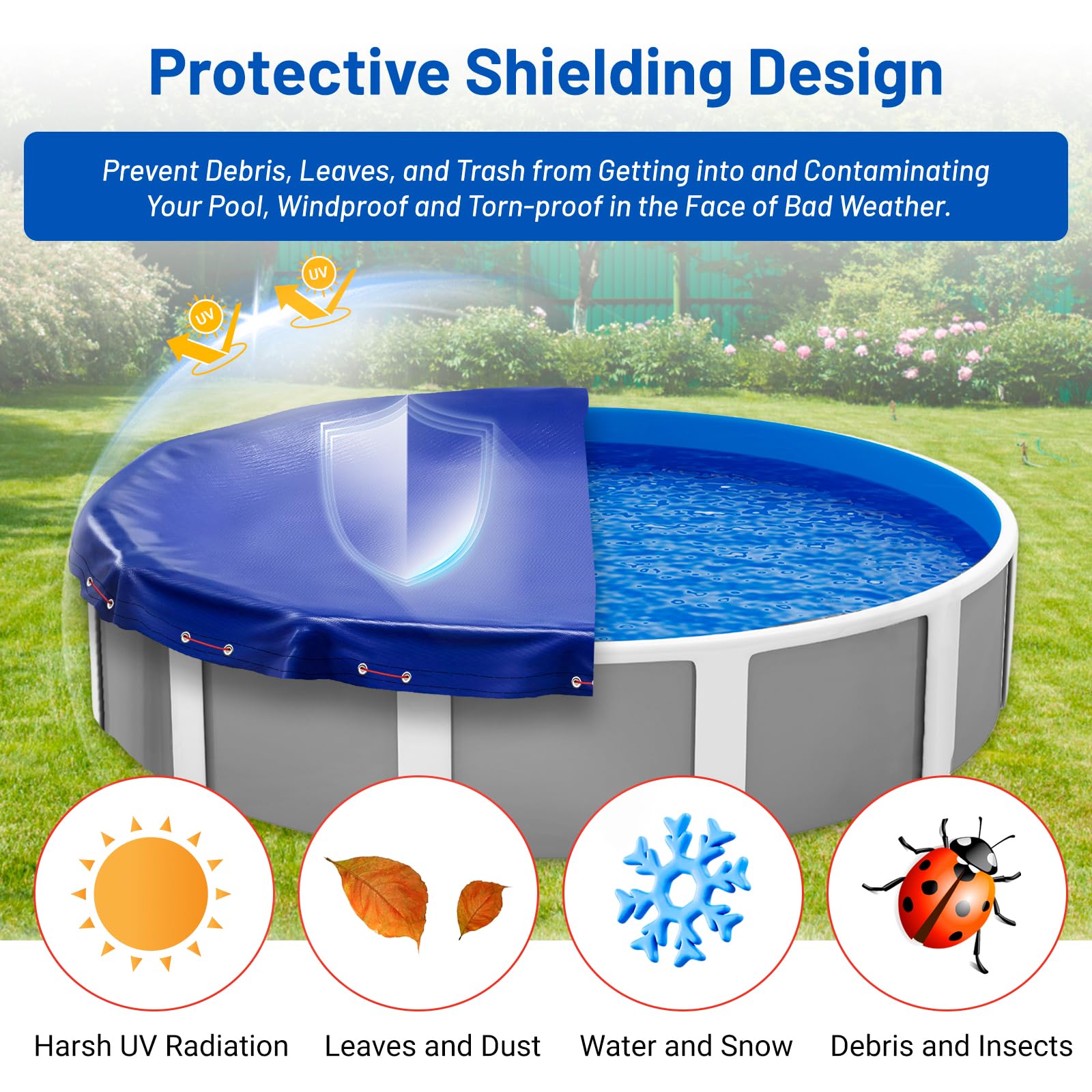 24FT Round Winter Pool Cover for Above Ground Pools - Heavy Duty UV Protected with Cable & Winch System - Waterproof & Dustproof Blue Pool Cover - Perfect for Winter Protection & Off-Season Storage
