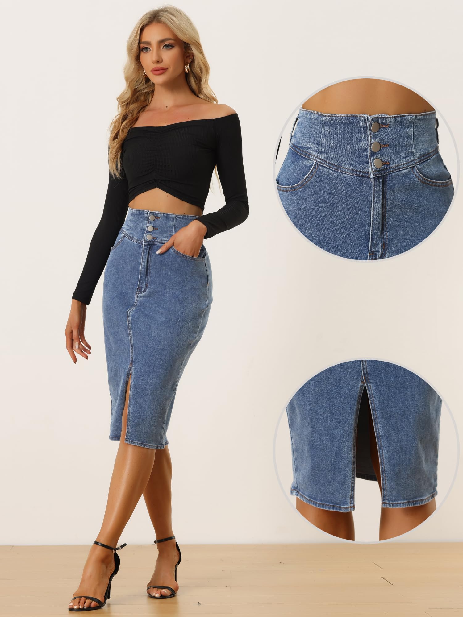 Allegra K Women's High Waist Denim Pencil Skirt - Casual Midi Length with Split Hem | Perfect for Office, Date Night & Summer Outfits