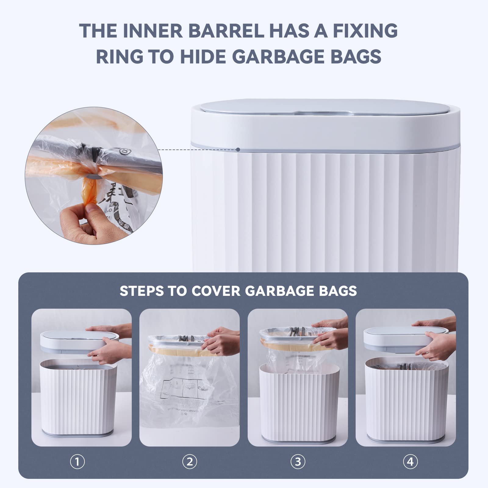 ELPHECO 2.5 Gallon Automatic Motion Sensor Trash Can - Waterproof Bathroom & Kitchen Garbage Bin, 10L Slim Design for Small Spaces, White with Grey Trim - Perfect for Bathroom, Office, Kitchen & Narrow Spaces