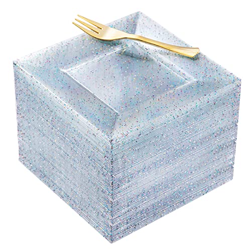 100pcs Colorful Square Dessert Plates with Gold Dessert Forks