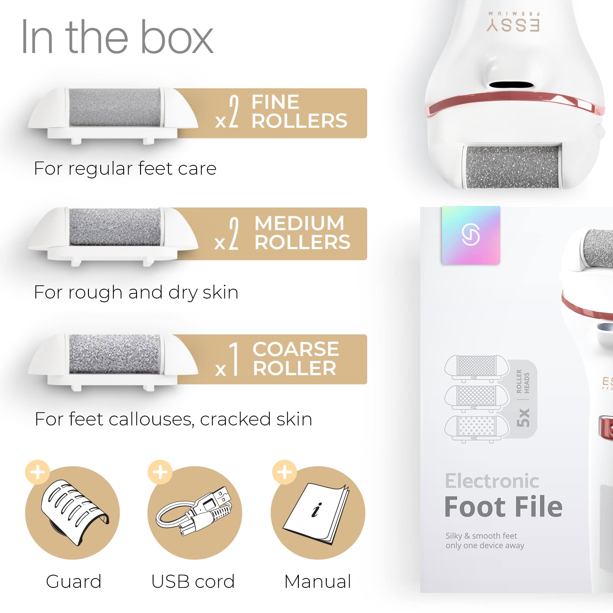 Electric Foot File Callus Remover with 5 Replacement Rollers - Professional Pedicure Tool for Dry Dead Skin & Hard Feet - Exfoliating Foot Care for Smooth Heels - Perfect for Home Spa & DIY Pedicure (White)