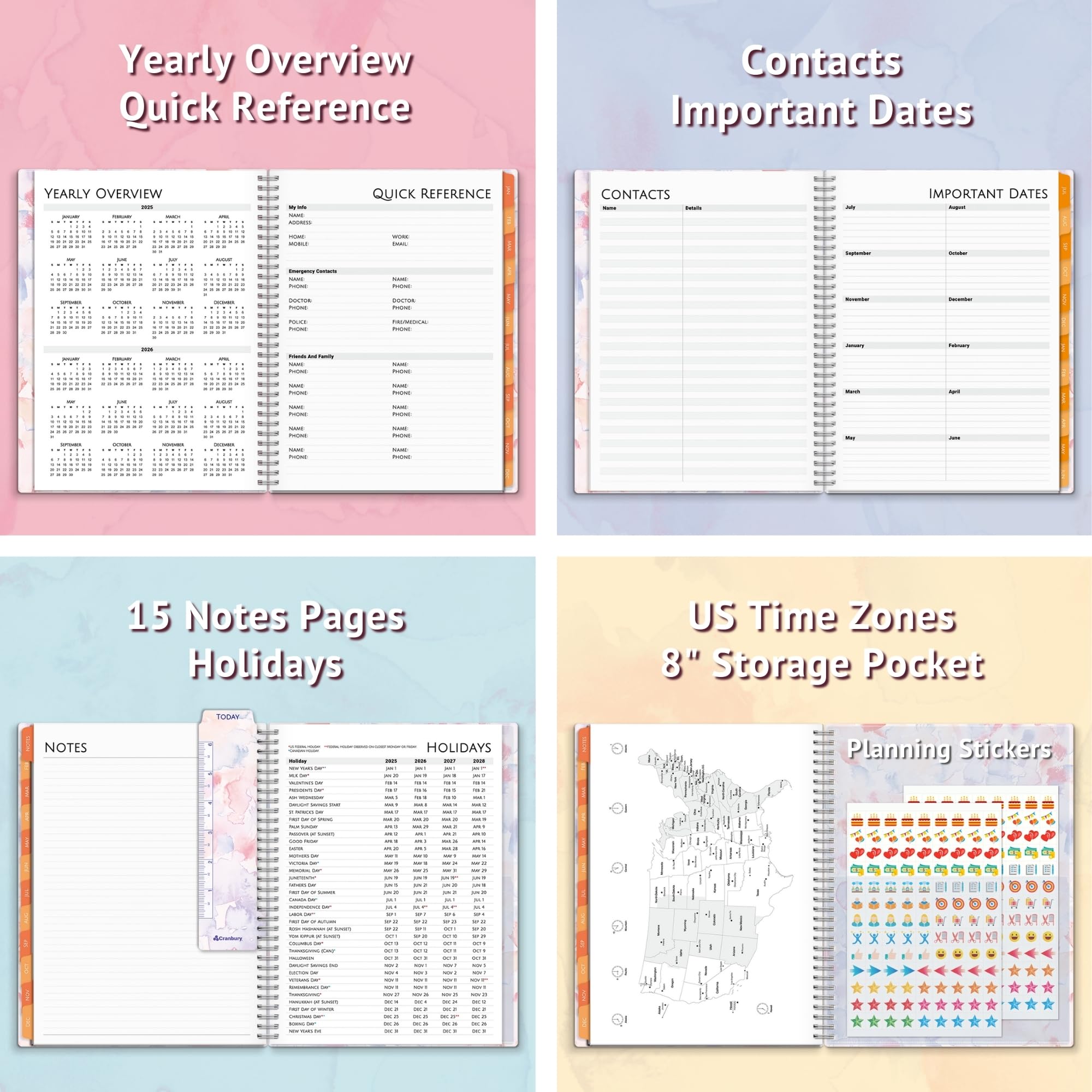 2025 CRANBURY Large Watercolor Planner - 8.5x11 Desktop Weekly & Daily Calendar with Laminated Monthly Tabs, Movable Bookmark, Stickers & Storage Pockets - Perfect for Office, School & Home Organization