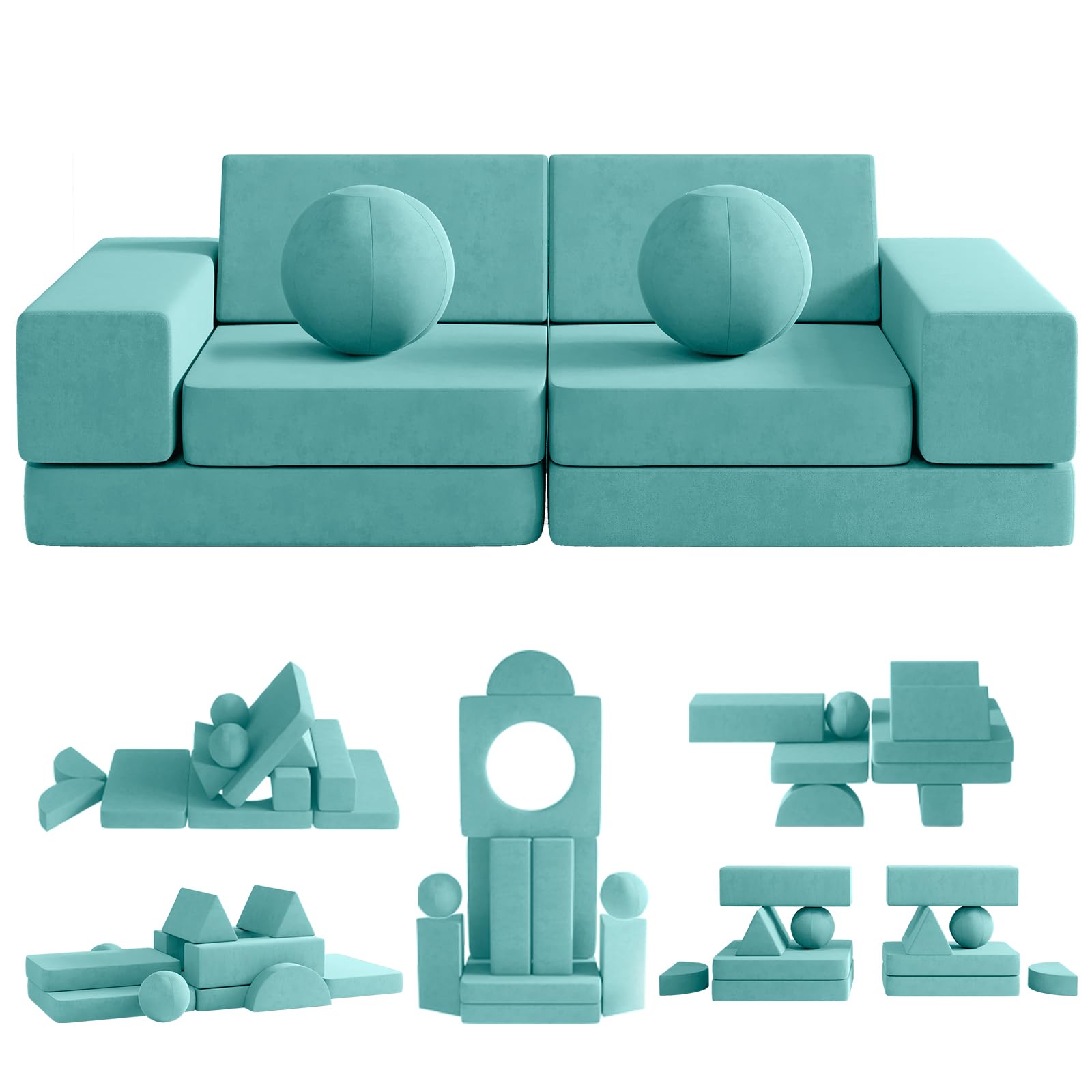 **12PCS Modular Kids Couch Set with 2 Balls & Play Tunnel – Soft Toddler Sofa for Playroom, Kickball & Pitching Games – 30+ Creative Play Ideas – Ice-Snow Blue – Perfect for Indoor Playdates, Learning & Fun**