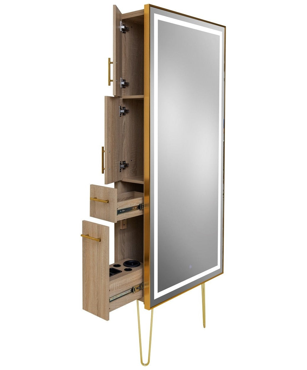 PIBBS 9220 Lumina Gold Frame LED Salon Mirror with Storage & Legs - Professional Vanity Mirror for Makeup, Hair Styling & Beauty Salon Use