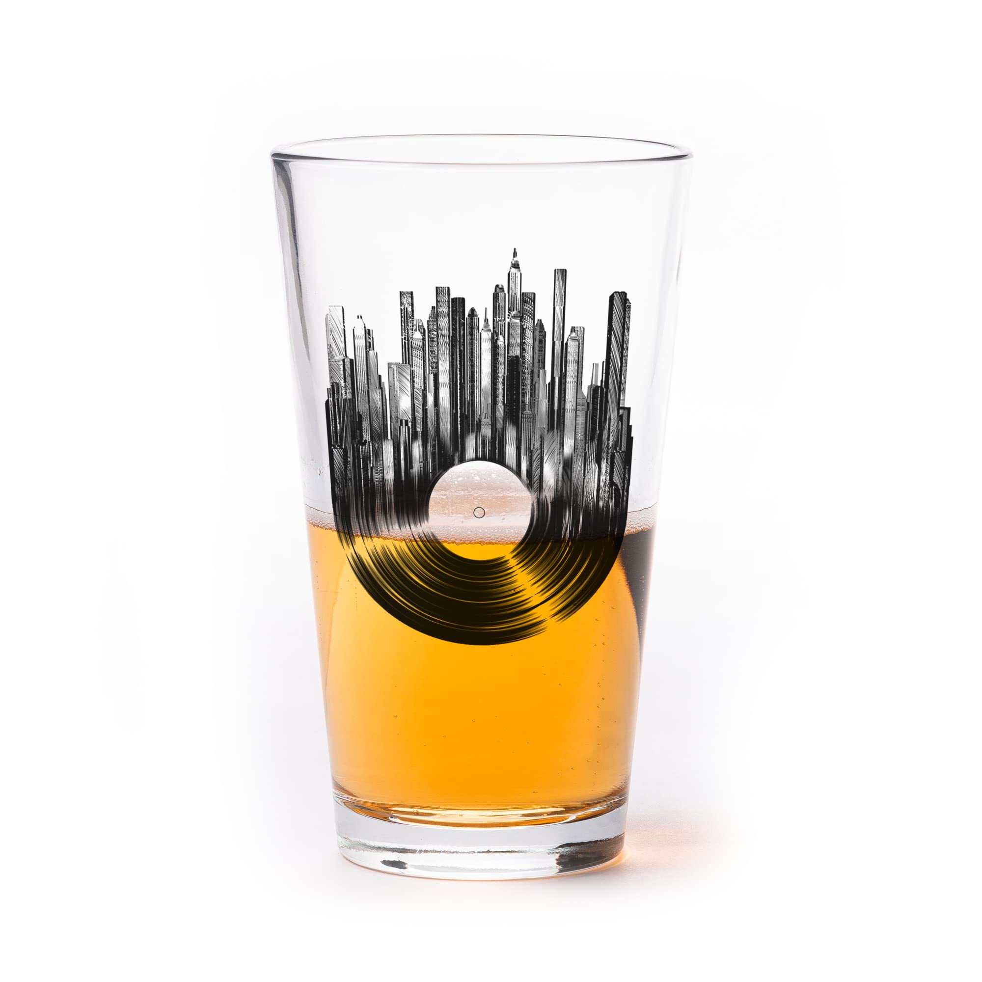 Black Lantern 16 oz Pint Glasses Set of 2 - Music Themed Vinyl Record Cityscape Beer Mugs - Highball Bar Glasses for Home, Kitchen & Parties - Perfect for Beer Lovers, Housewarming Gifts & Themed Events