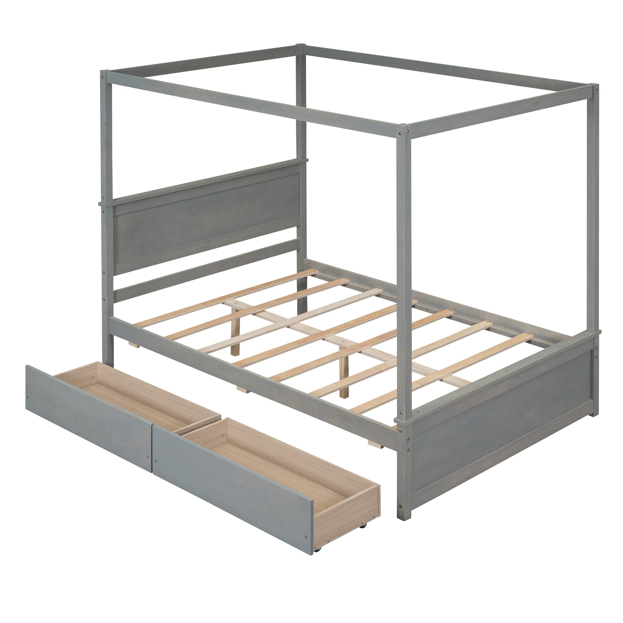 LZ LEISURE ZONE Full Size Wood Canopy Platform Bed with 2 Storage Drawers & Support Slats - Brushed Gray Finish - Perfect for Bedroom, Guest Room & Small Space Living